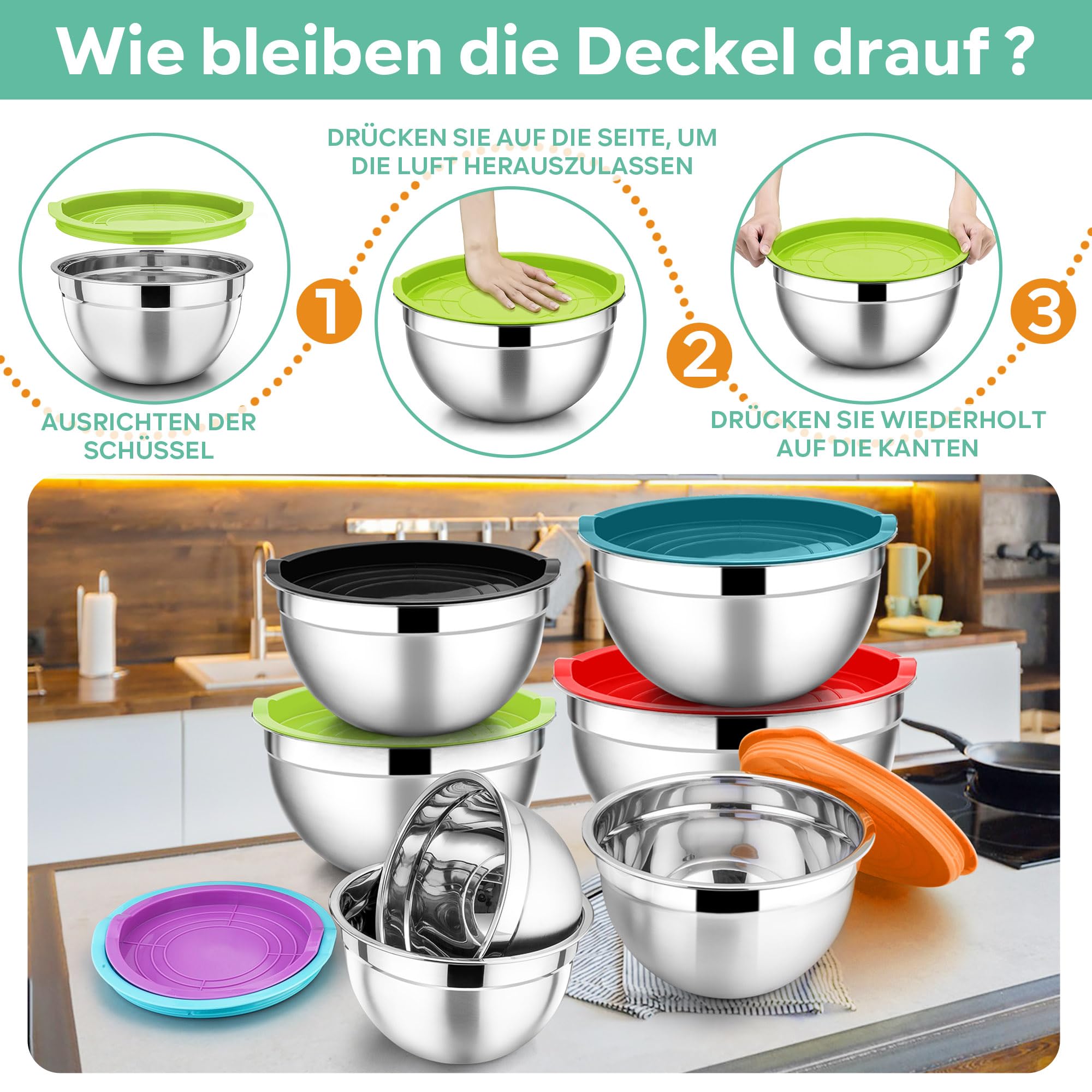 HaWare Juego de 7 cuencos para mezclar, de acero inoxidable, apilables, con tapa hermética para hornear, cocinar, preparar, apto para lavavajillas, 6,5, 4,5, 3, 2,5, 1,5, 1,2 y 0,7 l, multicolor