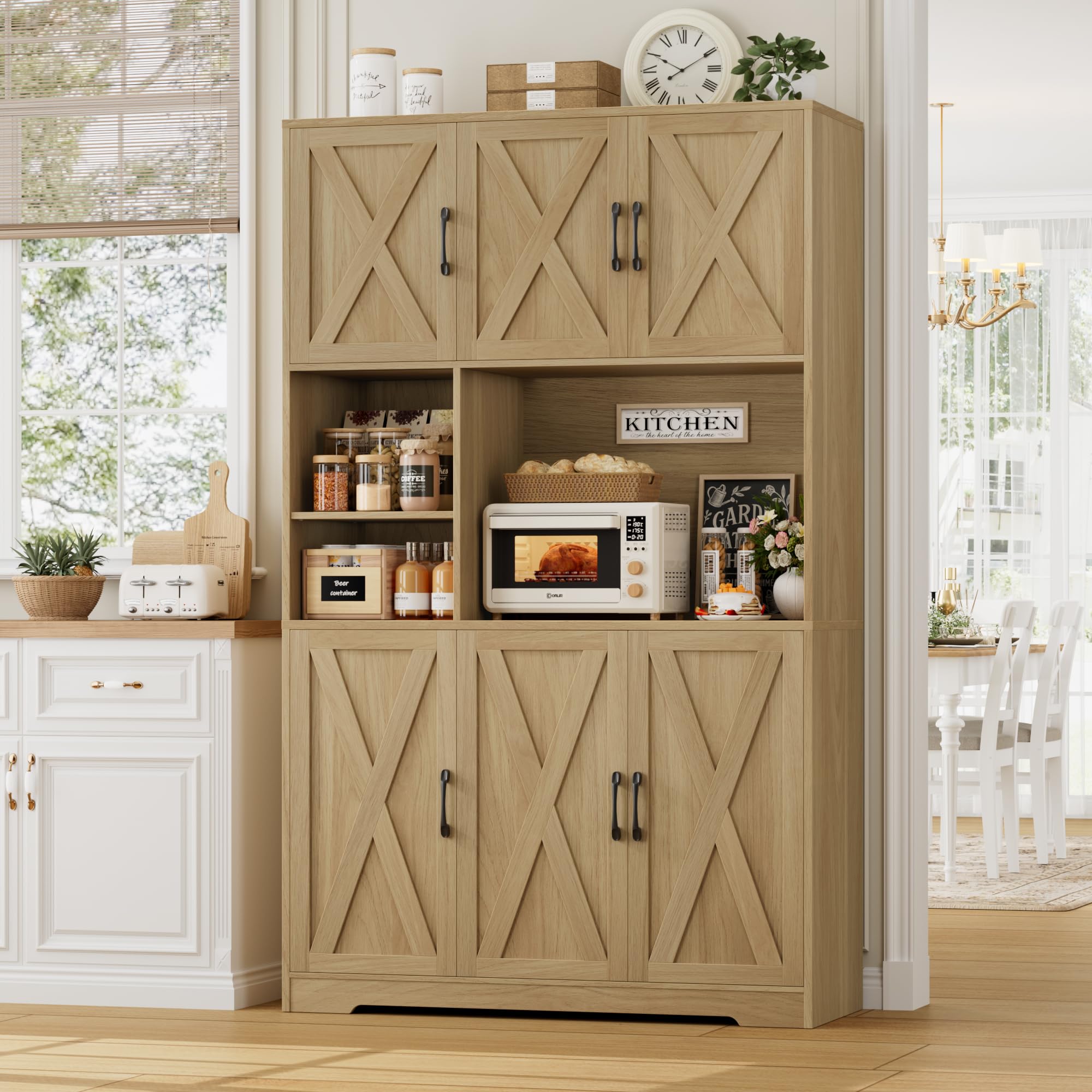 HOCSOK Credenza Cucina, Alta Dispensa Cucina con 6 Armadietti, Rimovibile Portabottiglie da parete con porta calici, Microonde con Ripiani Aperti, mobile soggiorno, Bianco (Marrone)