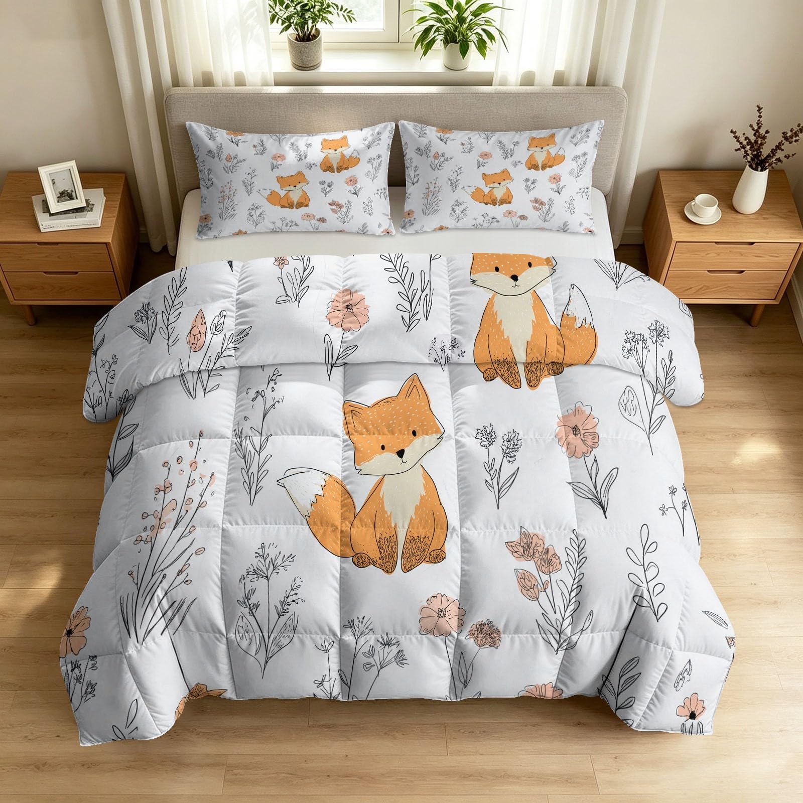 Lekka i cienka letnia kołdra 220 x 240 cm Cartoon Animal Kołdra bez poszewki nadająca się do prania - Miękka i oddychająca kołdra do pikowania, lis kwiaty roślina kołdra z 2 poszewkami na poduszki