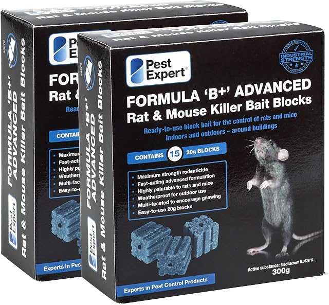 Pest Expert Formula 'B+' Advanced Rat & Mouse Killer Poison Bait Blocks 600g (2 x 300g) - Premium Single Feed Brodifacoum, Strongest Available Online (1)
