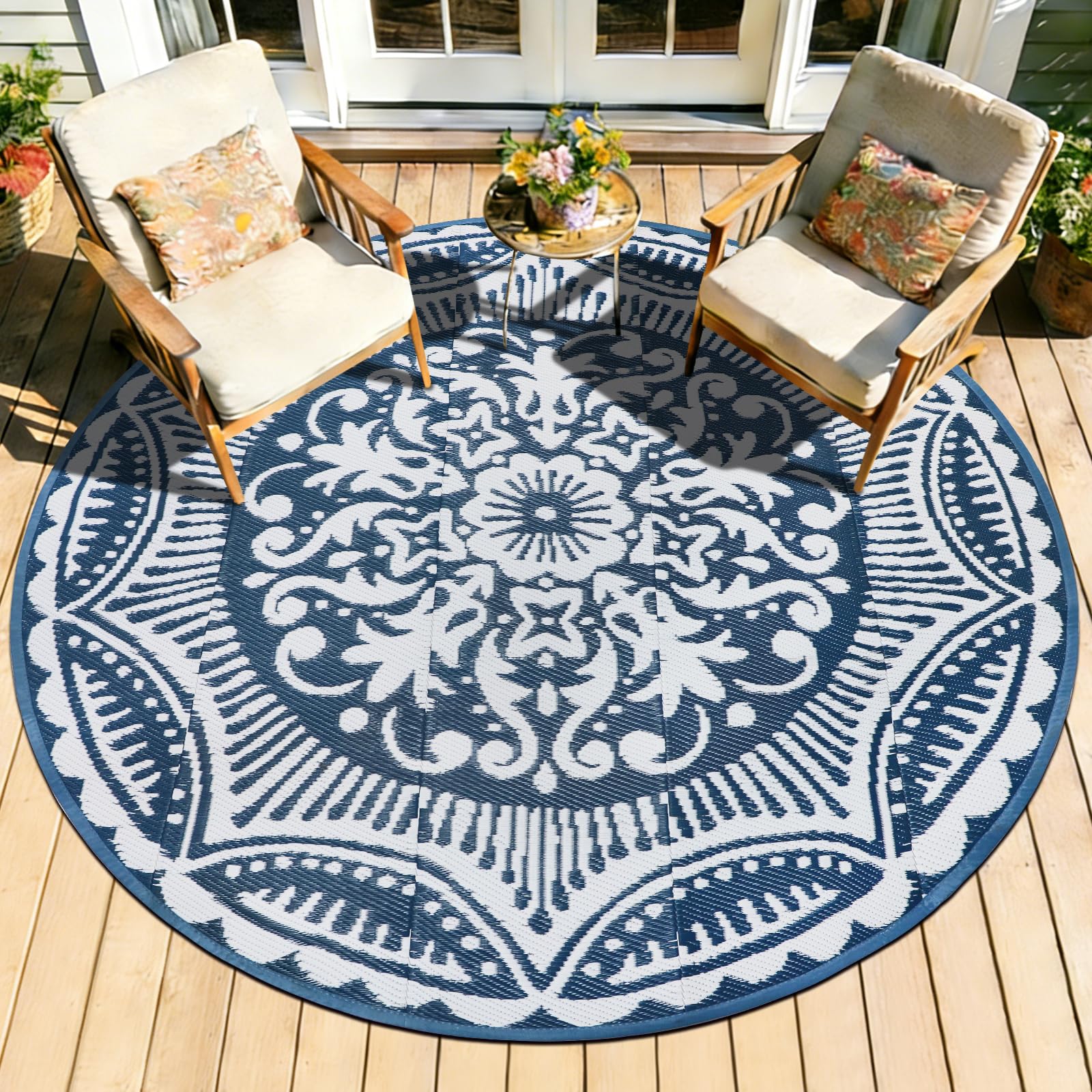 Capslpad 8x8 Floral Outdoor Rug for Patio Clearance Reversible Mat Round Portable Plastic Straw Carpet Waterproof Boho Indoor Outside Area Rugs for RV Camping Picnic Balcony Deck, Blue