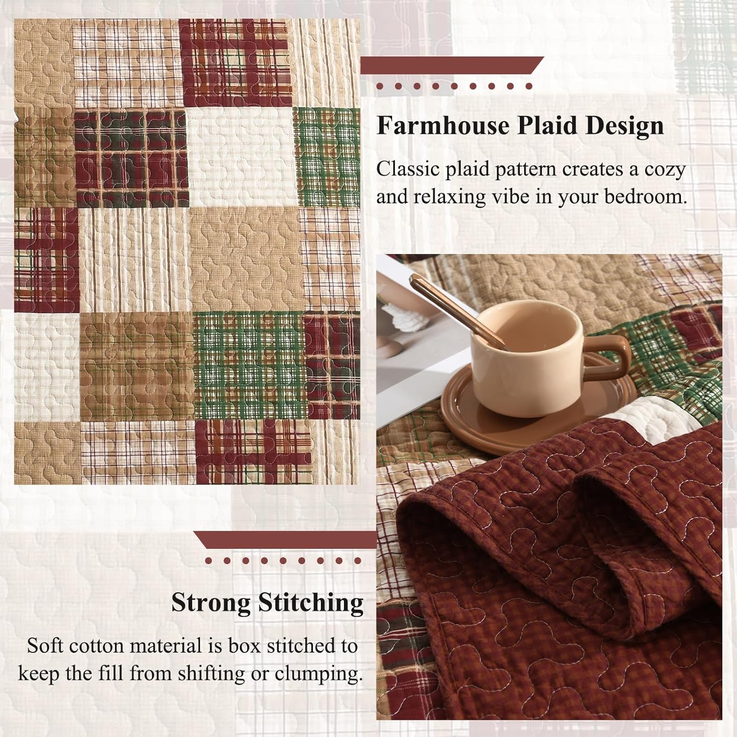 Quilts Queen Size - Plaid Design Farmhouse Quilt Set with Matching Shams, 3 Pieces 100% Cotton Queen Quilt Bedding Set, Reversible Bedspread Coverlet for All Season, Red/Green/Beige