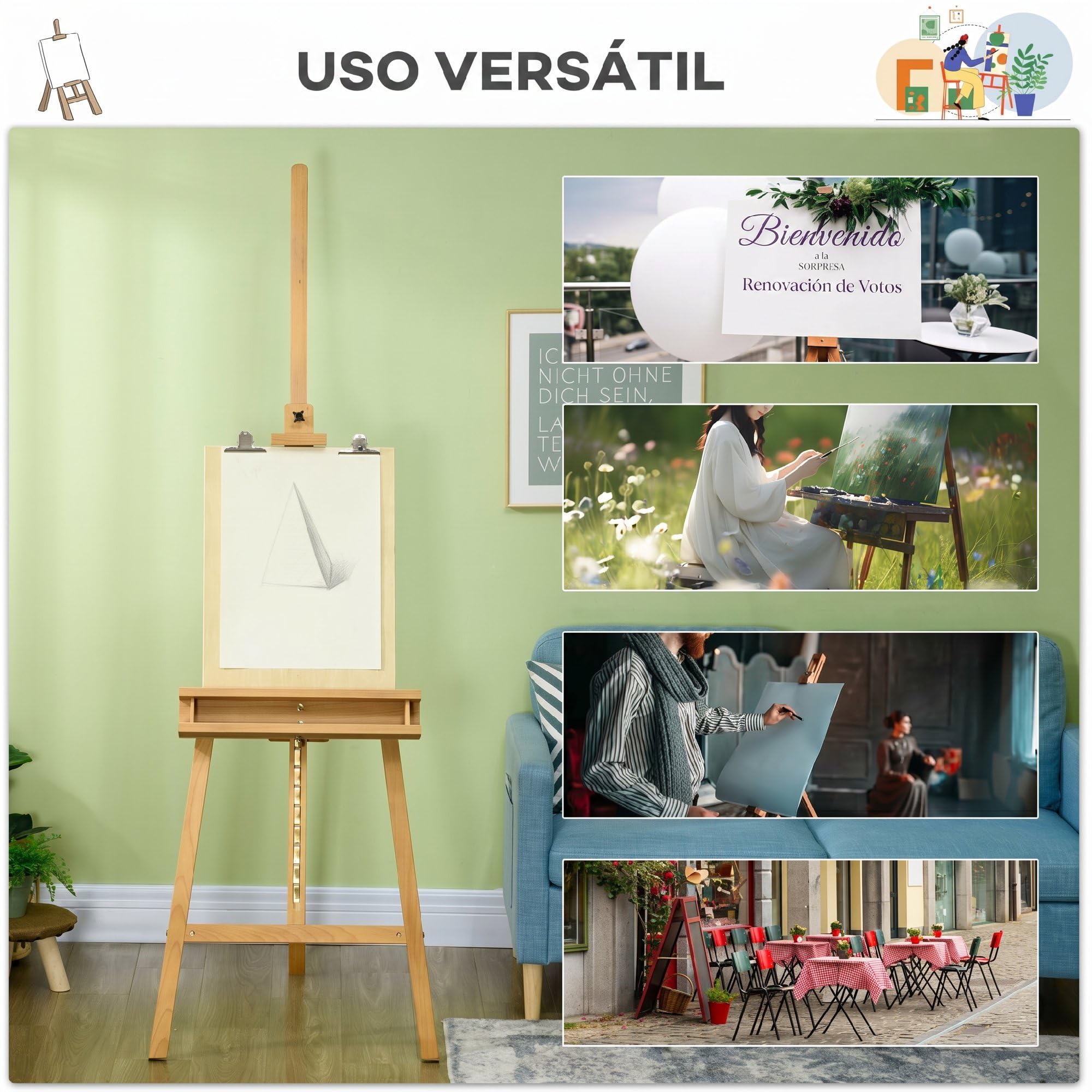 Vinsetto Caballete de Pintura Plegable 235 cm Estante Inferior Natural | Caballete de Madera, Altura y Ángulo Ajustable, para Adultos Artistas Pintor Estudiantes