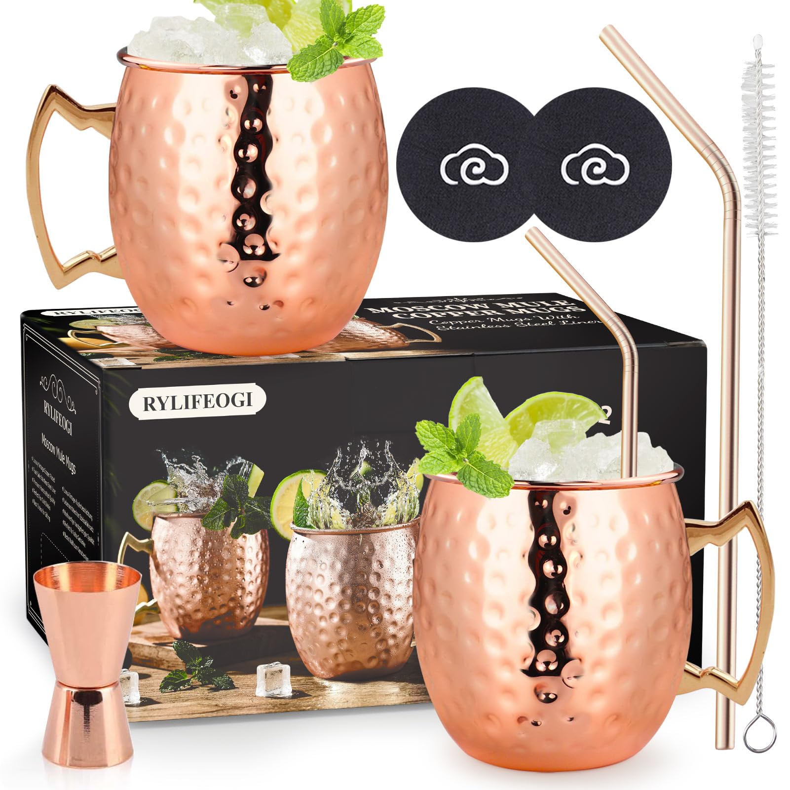 Moscow Mule Mugs Set of 2, Copper Cups 19oz with Jigger Straws Coasters Gift Set for Bar, Home Party