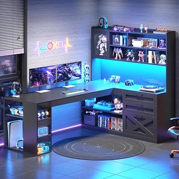 SEDETA 61" Farmhouse L Shaped Gaming Desk with Drawers, Bookshelf Storage