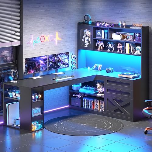 SEDETA Farmhouse L Shaped Gaming Desk, 61” Corner Computer Desk with Storage Drawers and Power Outlet, Corner Gaming Desk with LED Light and Bookshelf Shelves for Home Office, Black