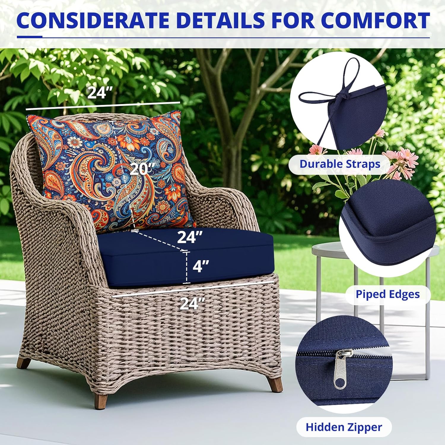 Fabuday Outdoor Chair Cushions Set - 24 x 24 Inch Waterproof & Fade Resistant Patio Furniture with Removable Cover Deep Seat & Back Pillow with Ties Replacement for Sunbrella Outside Sofa Couch Floral