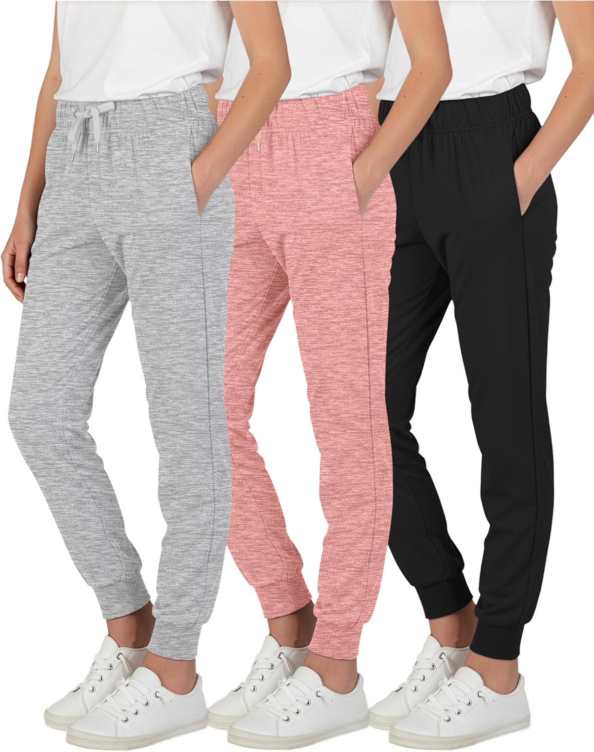 Real Essentials 3 Pack: Girls' Lounge Joggers Soft Athletic Performance Casual Sweatpants (Ages 7-16)