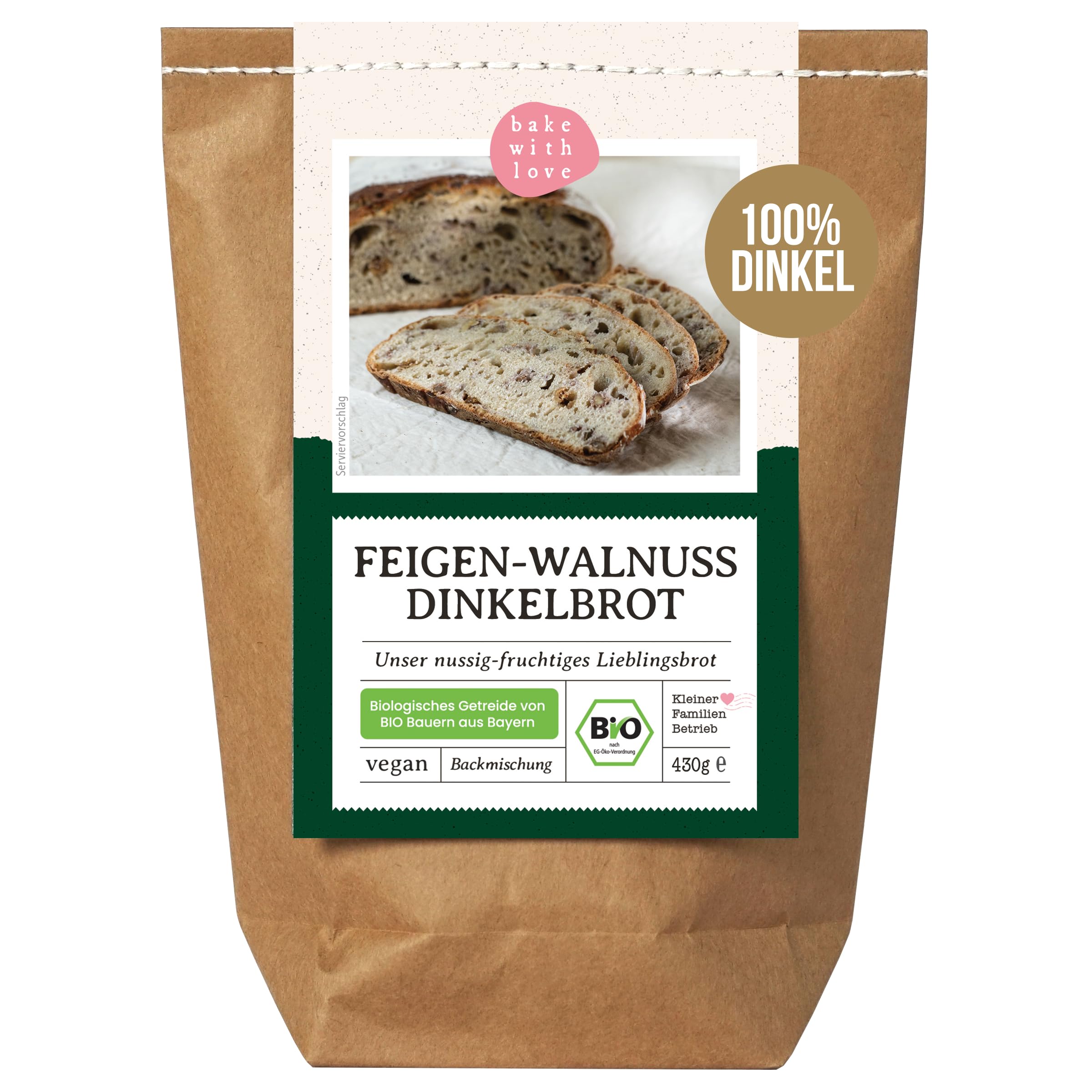 Bio Dinkelbrot Backmischung Feige Walnuss – 100 % Dinkel, ohne Weizen – fruchtig-nussiges Brot mit Walnüssen für Brotbackautomat & Ofen – Bake with Love - 10er Pack