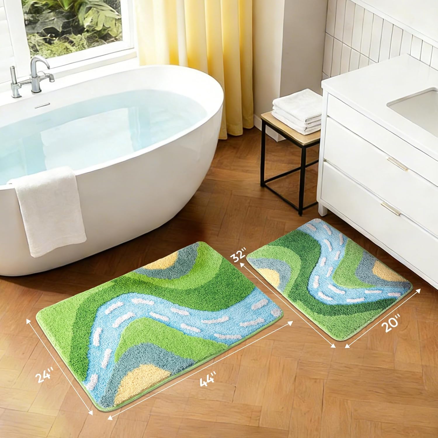 Tufted Lake Path Landscape Shaggy and Soft Bath Mat, Soft and Absorbent Microfiber Bath Rug, Machine Washable, Non Slip Bath Mat for Bathroom, Tub and Shower, Home Decor Yellow, 44''x24''
