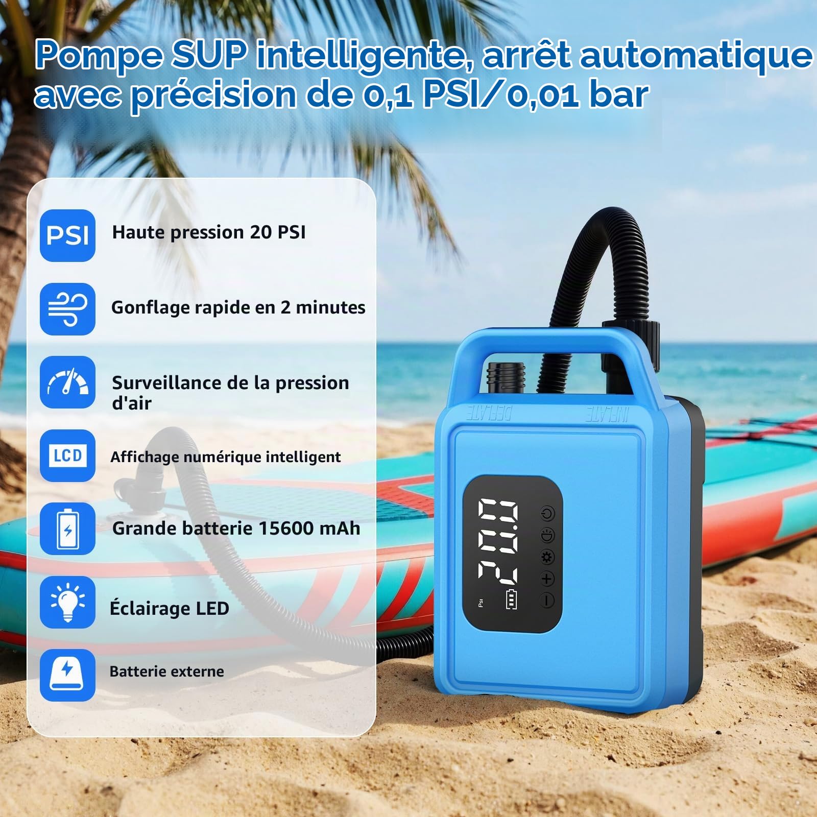 Pompe SUP électrique, 20 PSI, pompes à air avec batterie rechargeable de 15600 mAh, précision intelligente d'inflation/vidange jusqu'à 0,01 bar, arrêt automatique pour planches SUP, kayak