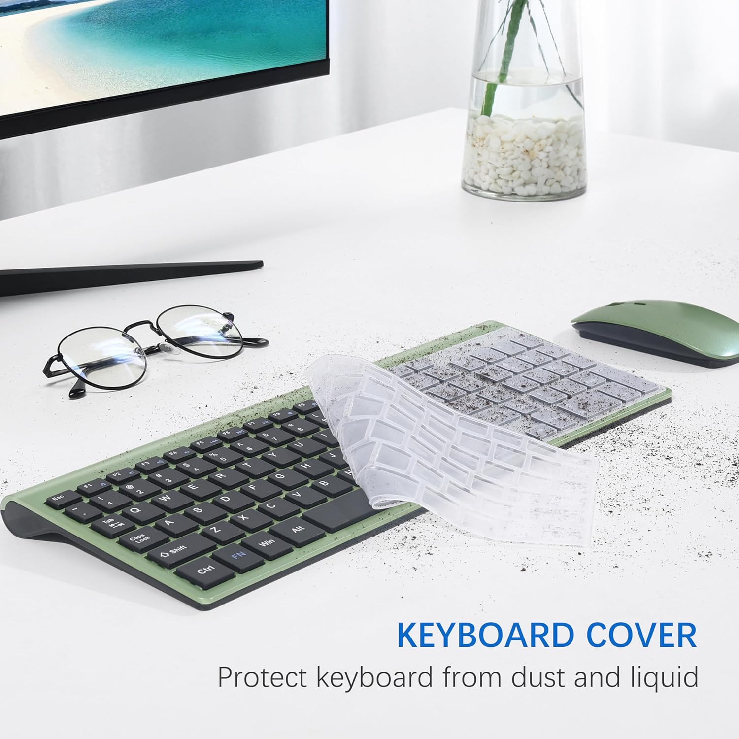 Wireless Keyboard and Mouse Ultra Slim Combo, TopMate 2.4G Silent Compact USB 2400DPI Mouse and Scissor Switch Keyboard Set with Cover, Batteries Included, for PC/Laptop/Windows/Mac - Green Black - Image 5