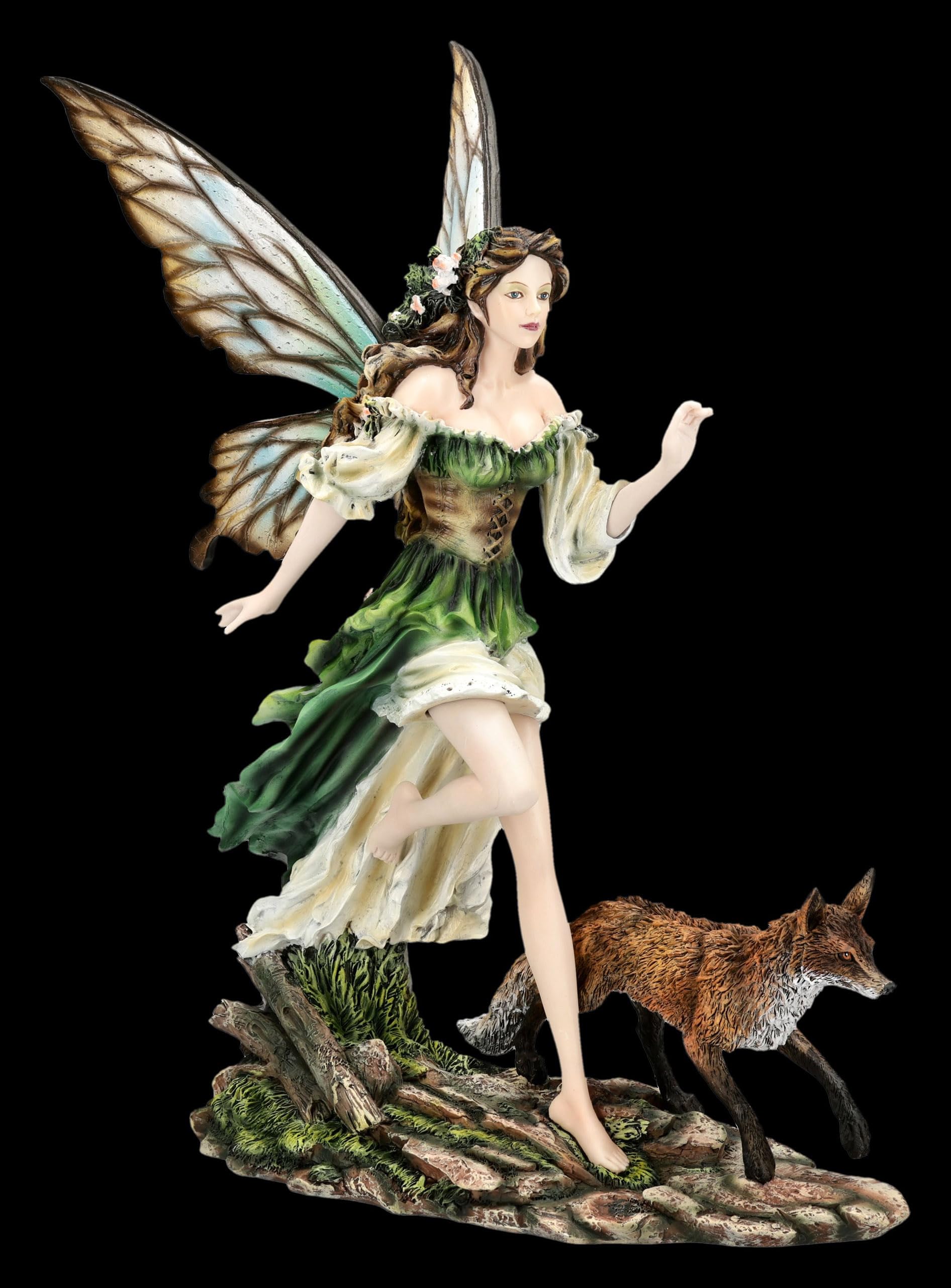 Figuren Shop GmbH Elfenfigur – Waldelfe Aelwen mit Fuchs – handbemalte Fantasy-Deko (40,5 cm) – Tales of Aurelion Collection – Geschenkidee für Elfen- & Naturfreunde