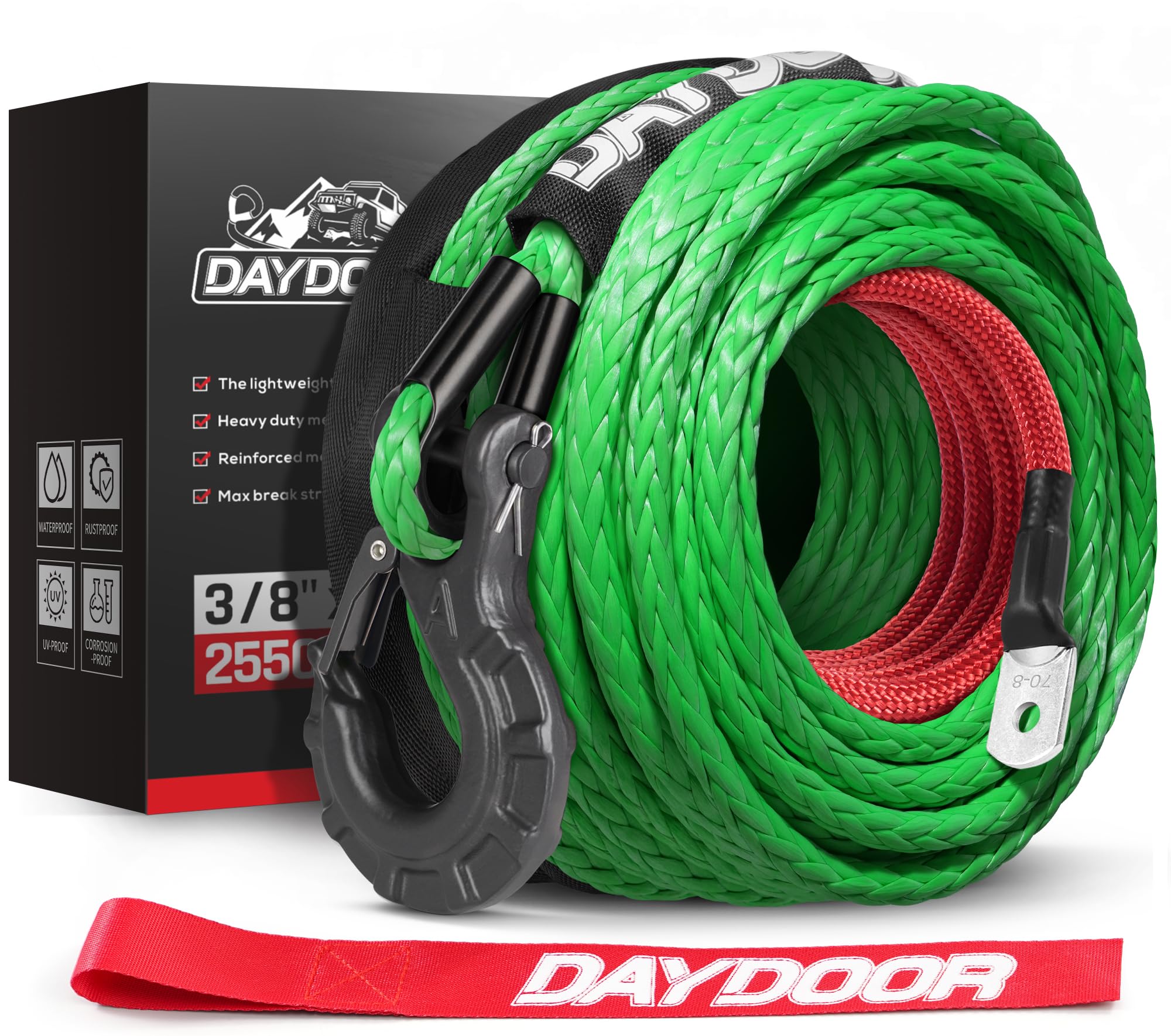 DAYDOOR Synthetic Winch Rope, 3/8in x 92ft 25,500Lbs, Green