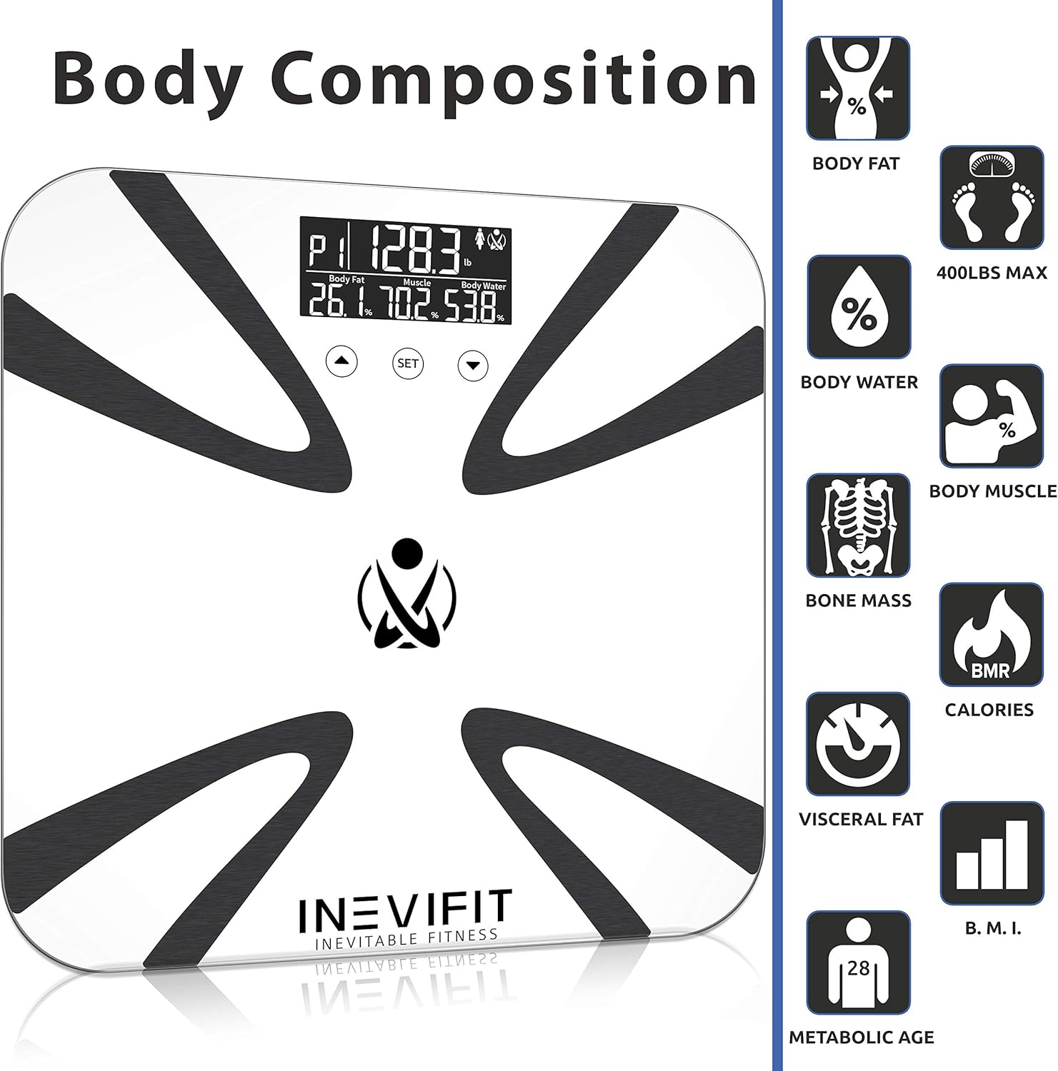 INEVIFIT Body Fat Scale, Highly Accurate Digital Bathroom Body Composition Analyzer, Measures Weight, Body Fat, Water, Muscle, BMI, Visceral Levels & Bone Mass for 10 Users. Includes Batteries : Health & Household