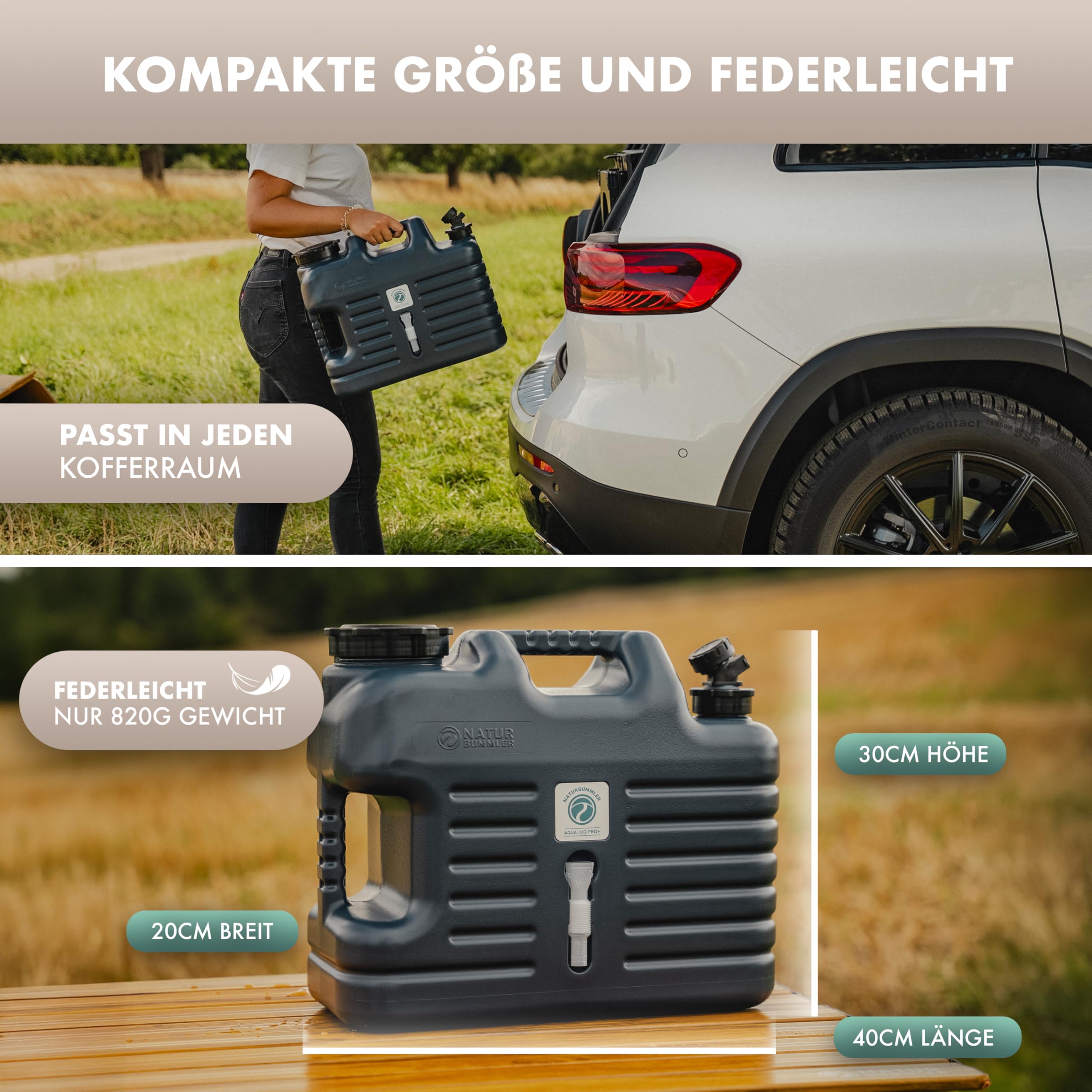 NATURBUMMLER Wasserkanister Camping [Aqua Jug Pro+] – Leichter 18 L Trinkwasserkanister mit Hahn, Druckablass & Schlauch – BPA-frei & robust – ideal für Outdoor, Vanlife & Festival (Aqua Jug Pro+)