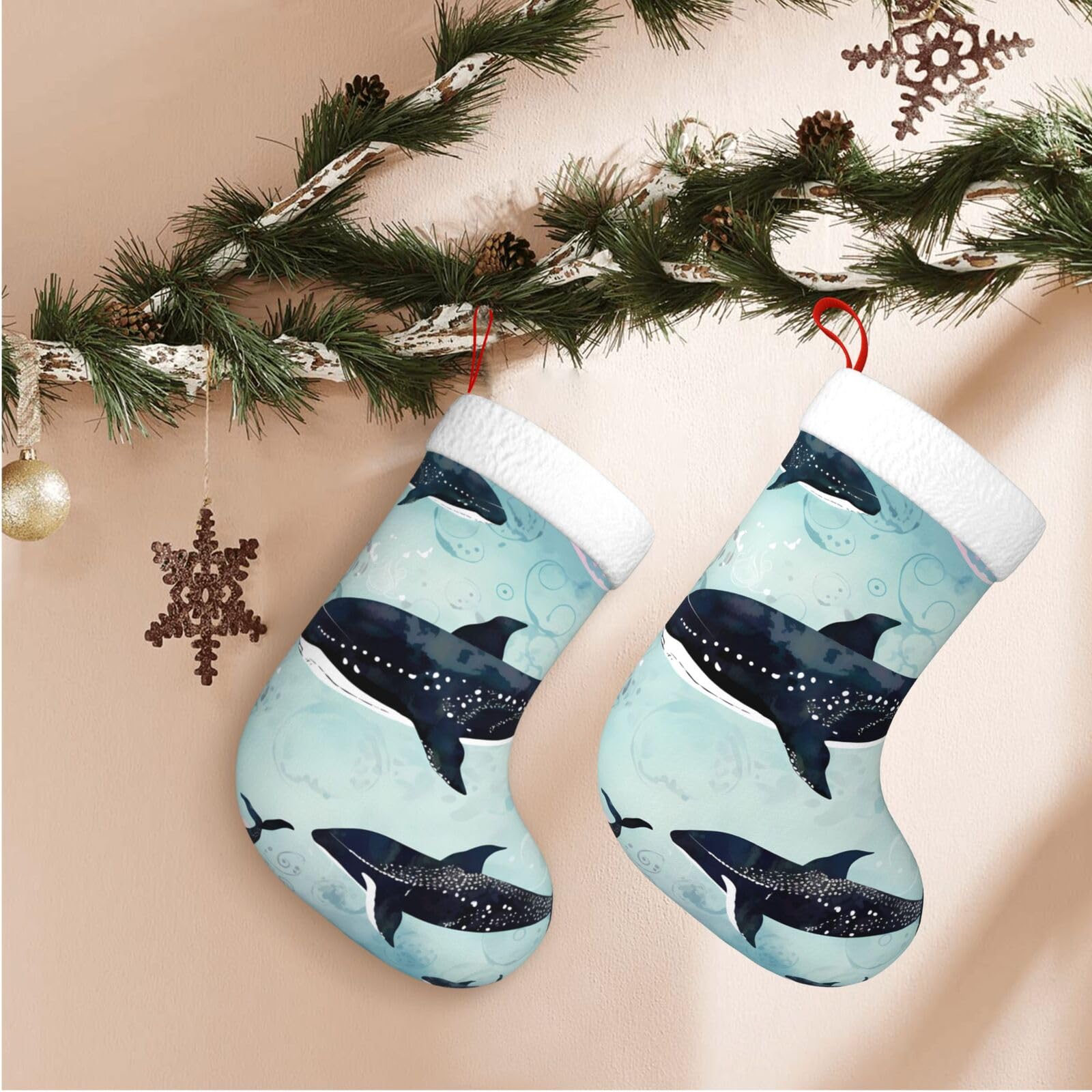 Whale Christmas Stockings Velvet Xmas Fireplace Hanging Stocking with Plush Cuff Rustic Christmas Santa Stockings for Home Christmas Decorations Party Favor Supplies