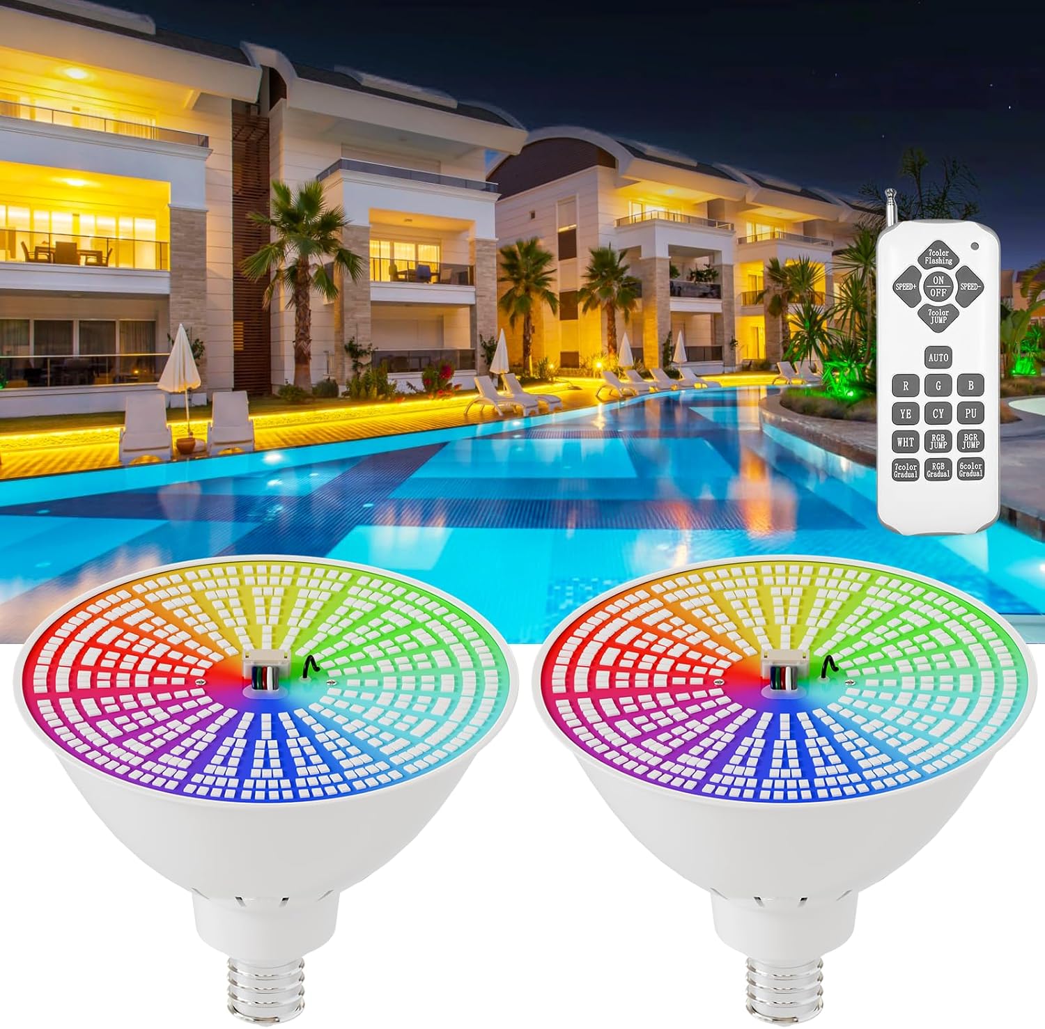 JTT Pool Lights for Inground Pool-LED Pool Light Bulb for Above Ground Swimming Pool-35W(600W Eq.) 6500K 120V Spa Light Bulb E26 Base, Multi-Color & Adjustable with Remote Control - 2Pack