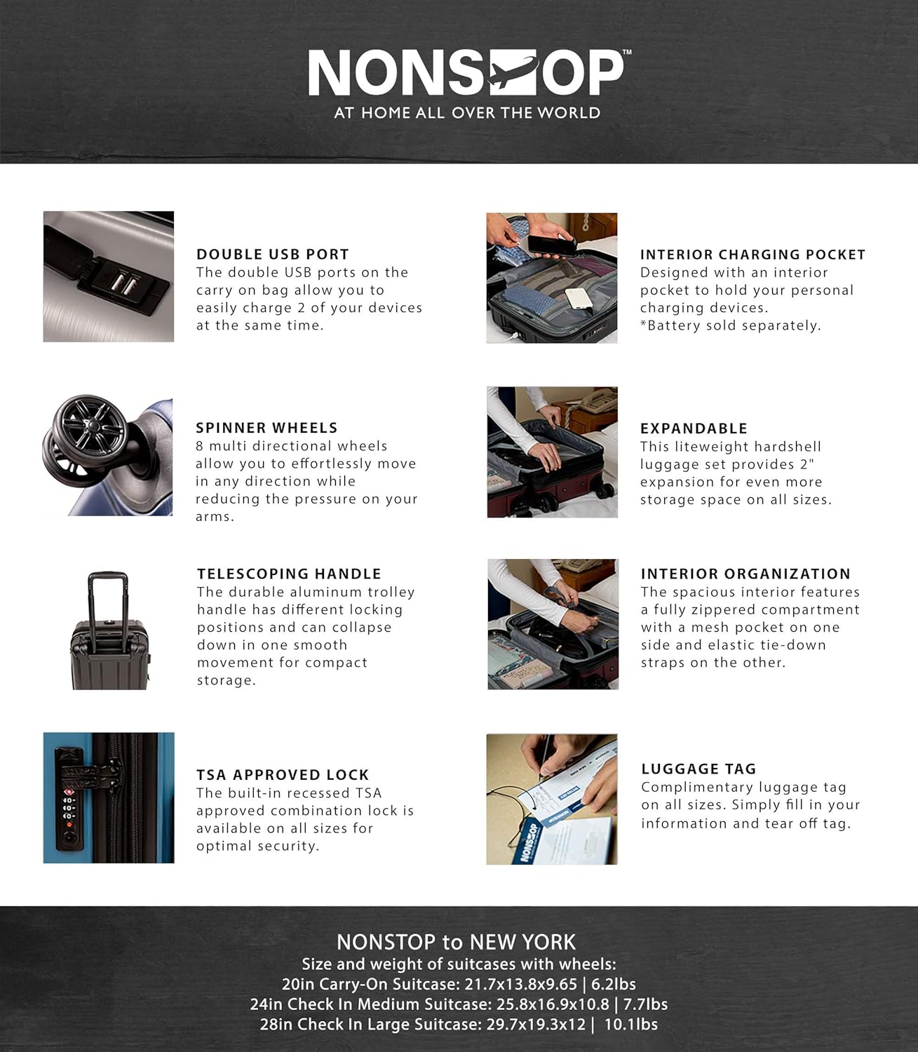 NONSTOP NEW YORK Luggage Expandable Spinner Wheels hard side shell Travel Suitcase Lightweight, TSA Lock, Double USB Port (Silver, 3-Piece Set (20/24/28))