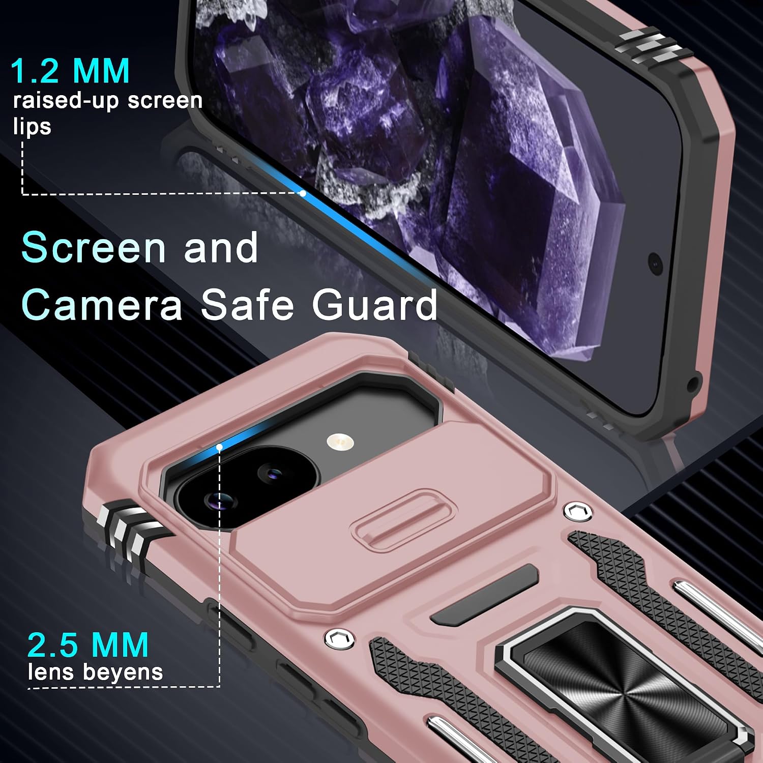 DEERLAMN Case for Google Pixel 10a with Slide Camera Cover+Screen Protector (1 Pack), Rotated Ring Kickstand Military Grade Shockproof Protective Cover-Rose Gold