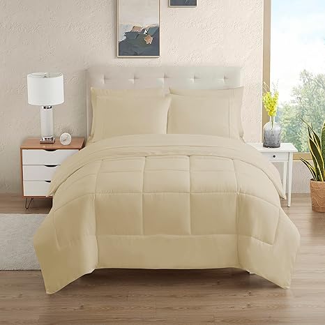 Sweet Home Collection 5 Piece Comforter Set Bag Solid Color All Season Soft Down Alternative Blanket & Luxurious Microfiber Bed Sheets, Beige, Twin