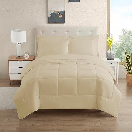 Sweet Home Collection 5 Piece Comforter Set Bag Solid Color All Season Soft Down Alternative Blanket & Luxurious Microfiber Bed Sheets, Beige, Twin