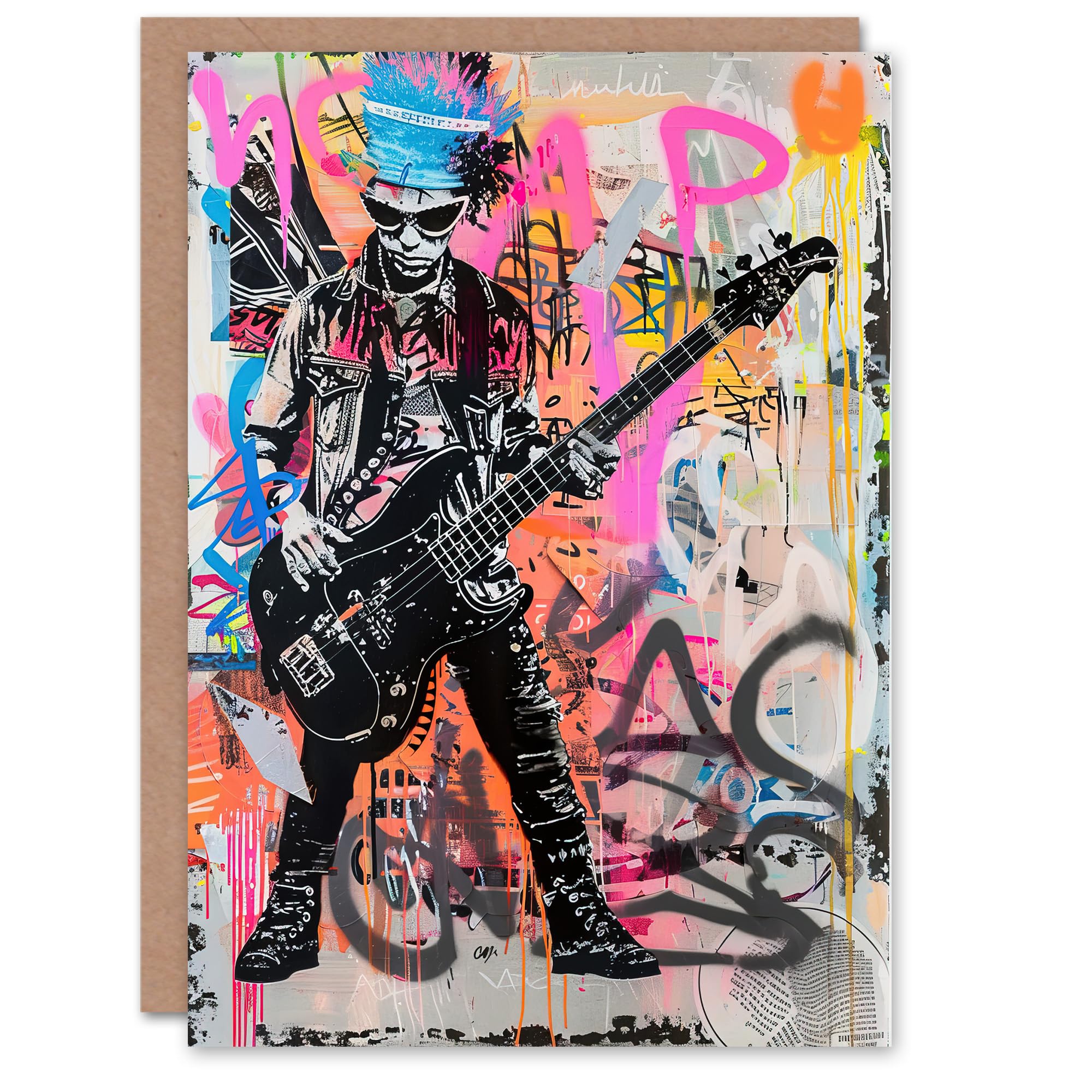 Artery8 Greeting Card Punk Music Bass Guitarist Colourful Street Art Blank For Him Or Her Art Birthday Card