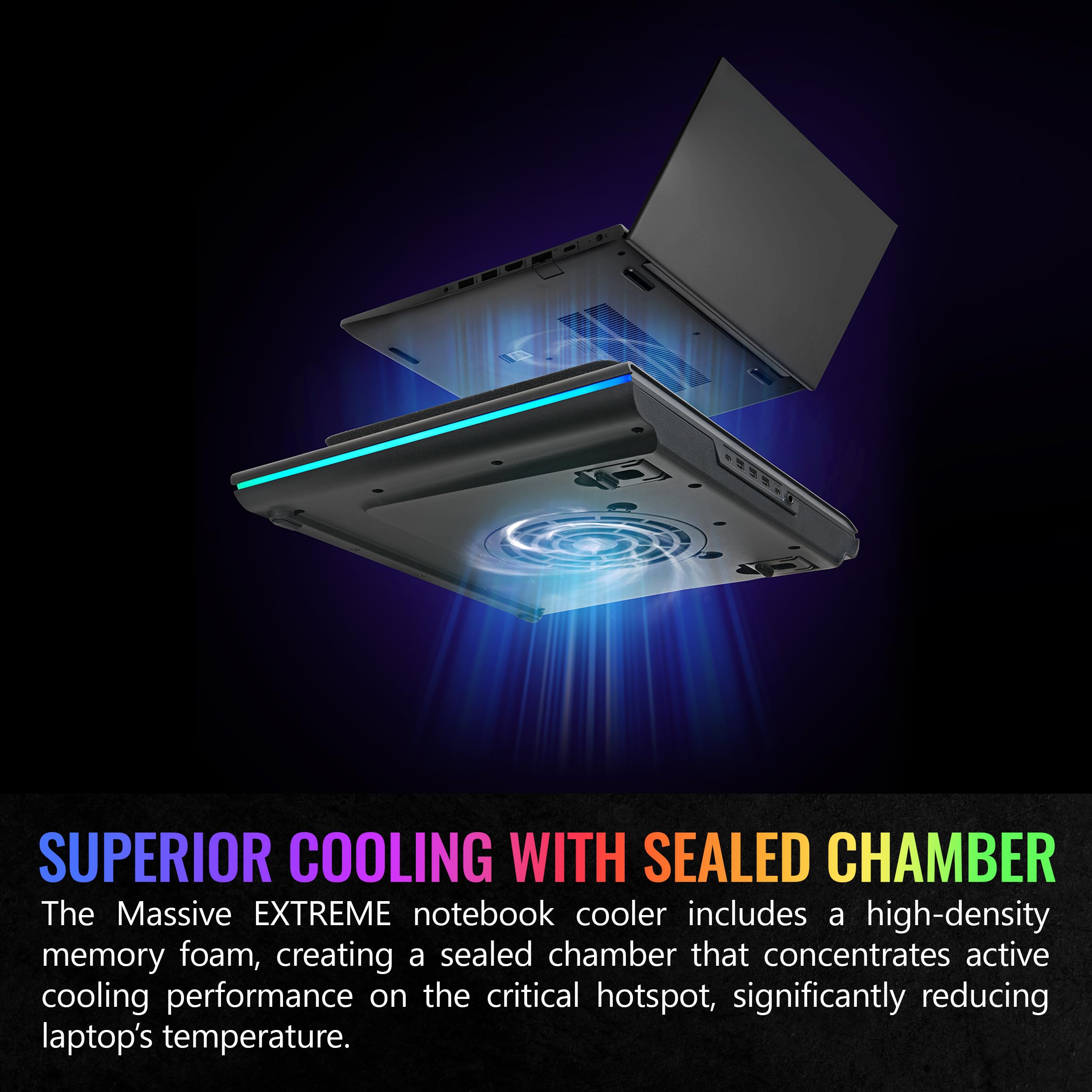 Thermaltake Enfriador Massive Extreme para portátil; portátil de hasta 18 Pulgadas; 800~3500 RPM; 48.5 CFM; Ventilador de Flujo Cruzado de 120 mm; Sensor de Temperatura Ambiental; Rueda de
