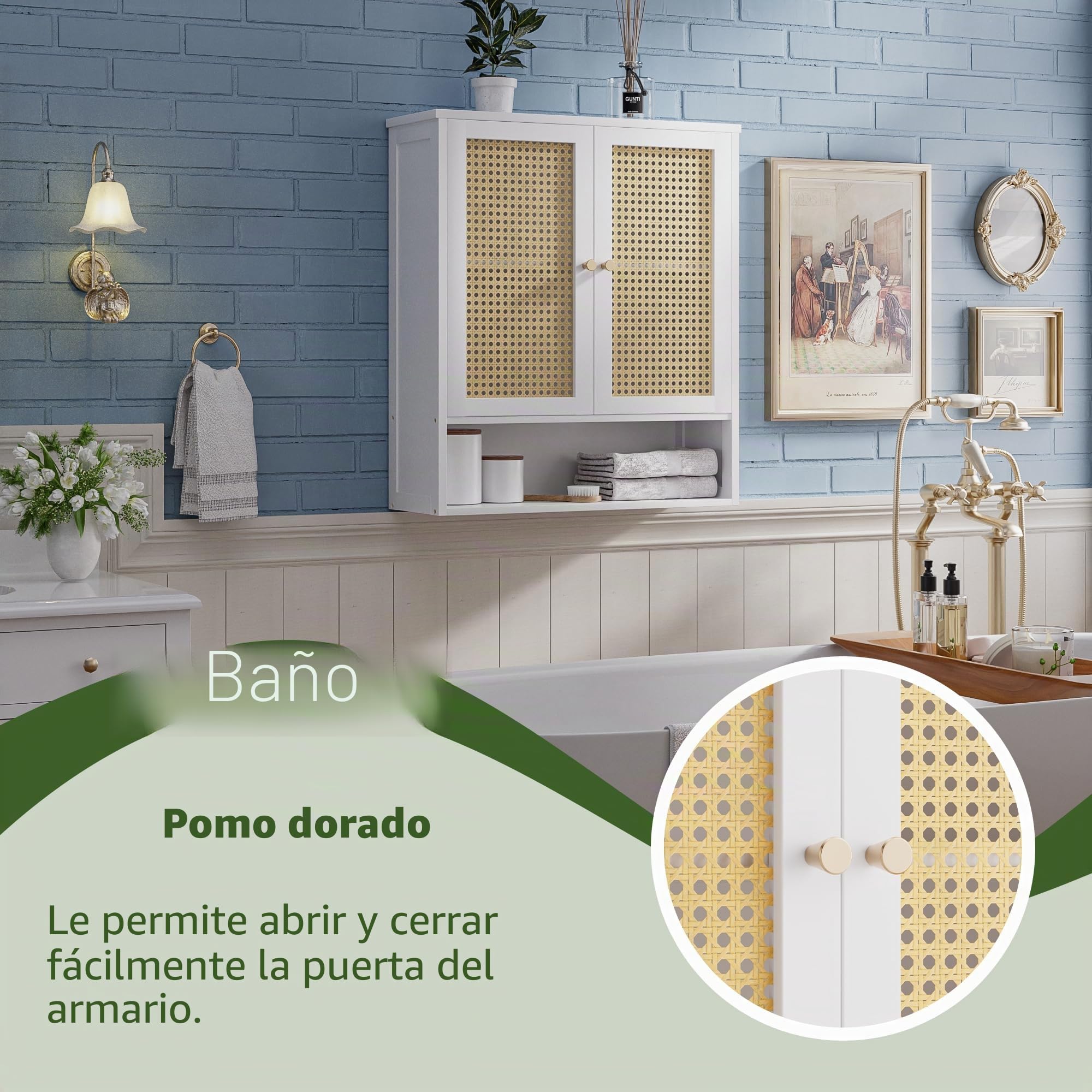 Mueble de Pared para baño, Organizador de Almacenamiento de bambú sobre el Inodoro con 2 Puertas de ratán y Estante Ajustable, botiquín de Ahorro de Espacio para lavandería, Cocina (Blanco)