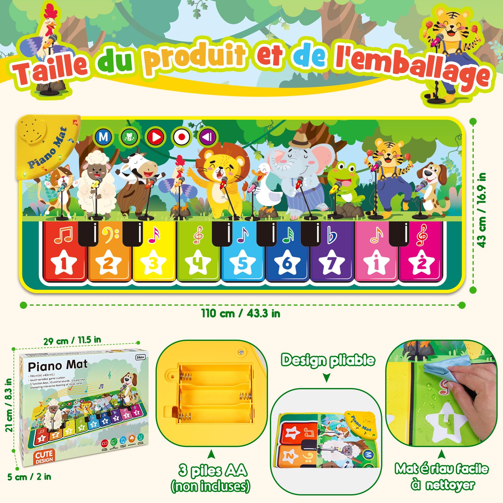 Tapis Musical Jouet Enfant 1 2 Ans, Tapis Piano Bebe avec 10 Sons d'animaux Jouet Bebe Fille Garcon 1 2 an Cadeau Enfant Bebe Fille Garcon 1 2 Ans, Tapis De Jeux Bebe 1 an