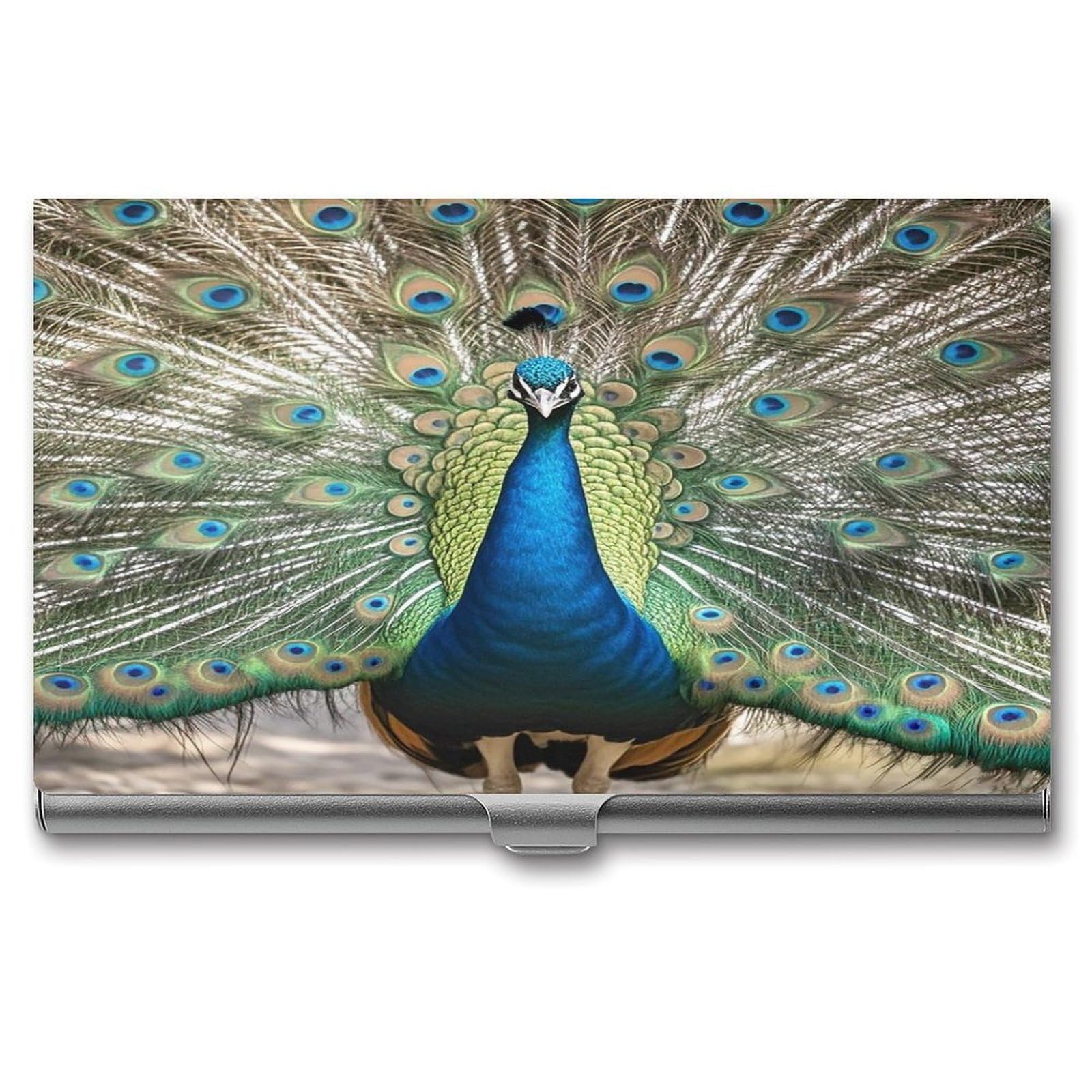 FekiLoot Peacock Pattern Business Card Holder for Men Women Metal Slim Organizer Business Card Carrier Wallet Name Cards Holder Retro Slim Pocket Purse Small Portable Card Case