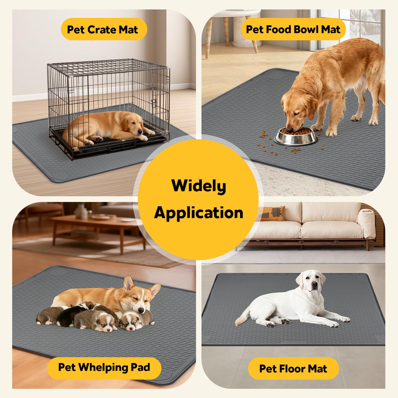 Tapis de boxe en silicone pour chien, tapis pour cages et chenil avec bord surélevé, tapis de lit pour chien, lavable, imperméable, anti-fuite, protège le sol (gris foncé, 132 x 88 cm)