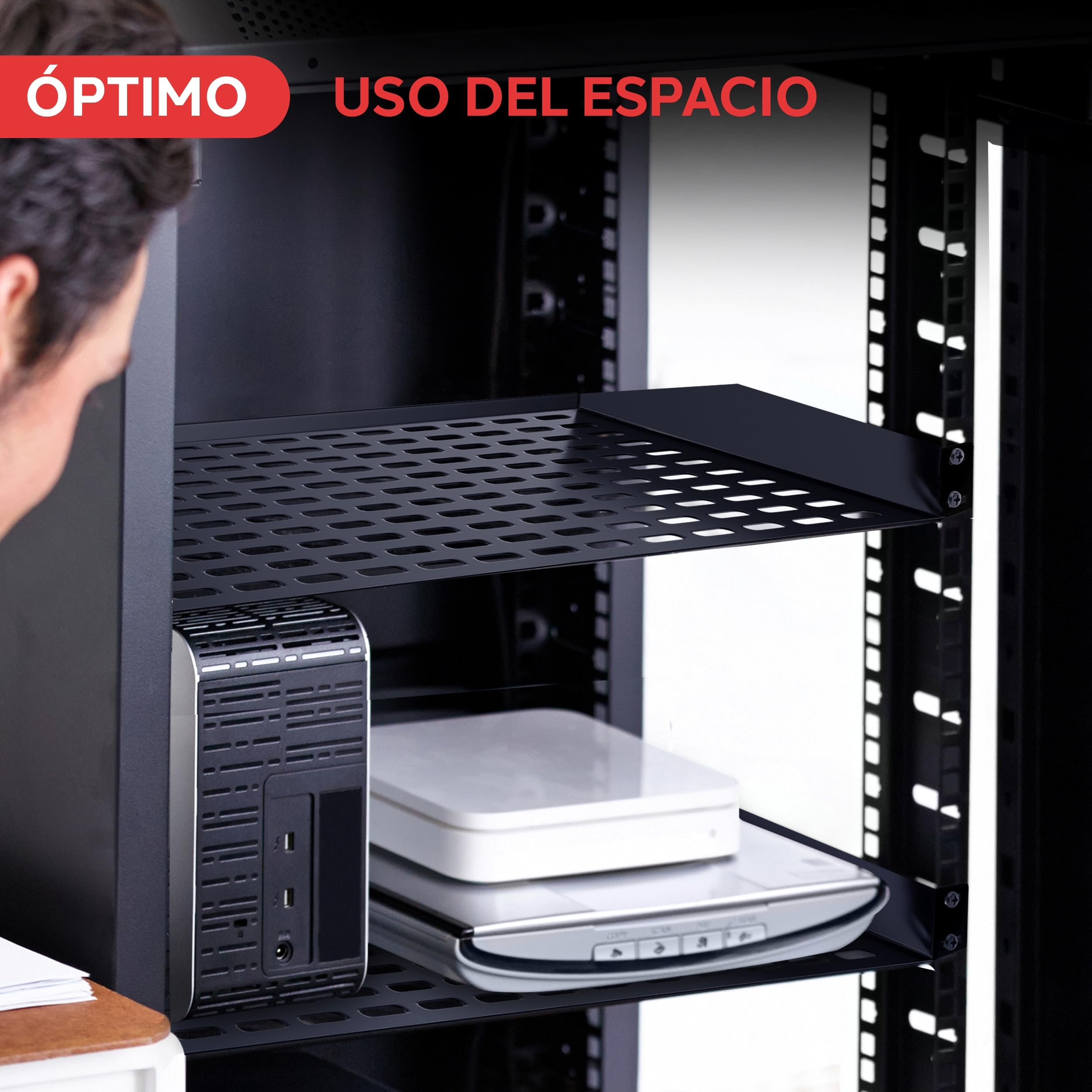 Pyle Rack para Servidor de 19 Pulgadas 1U con 4 Plataformas Metálicas Ventiladas para Óptimo Flujo de Aire, Montaje en Pared o Rack, Soporta hasta 110 lbs, Plataforma de 17 x 10’’