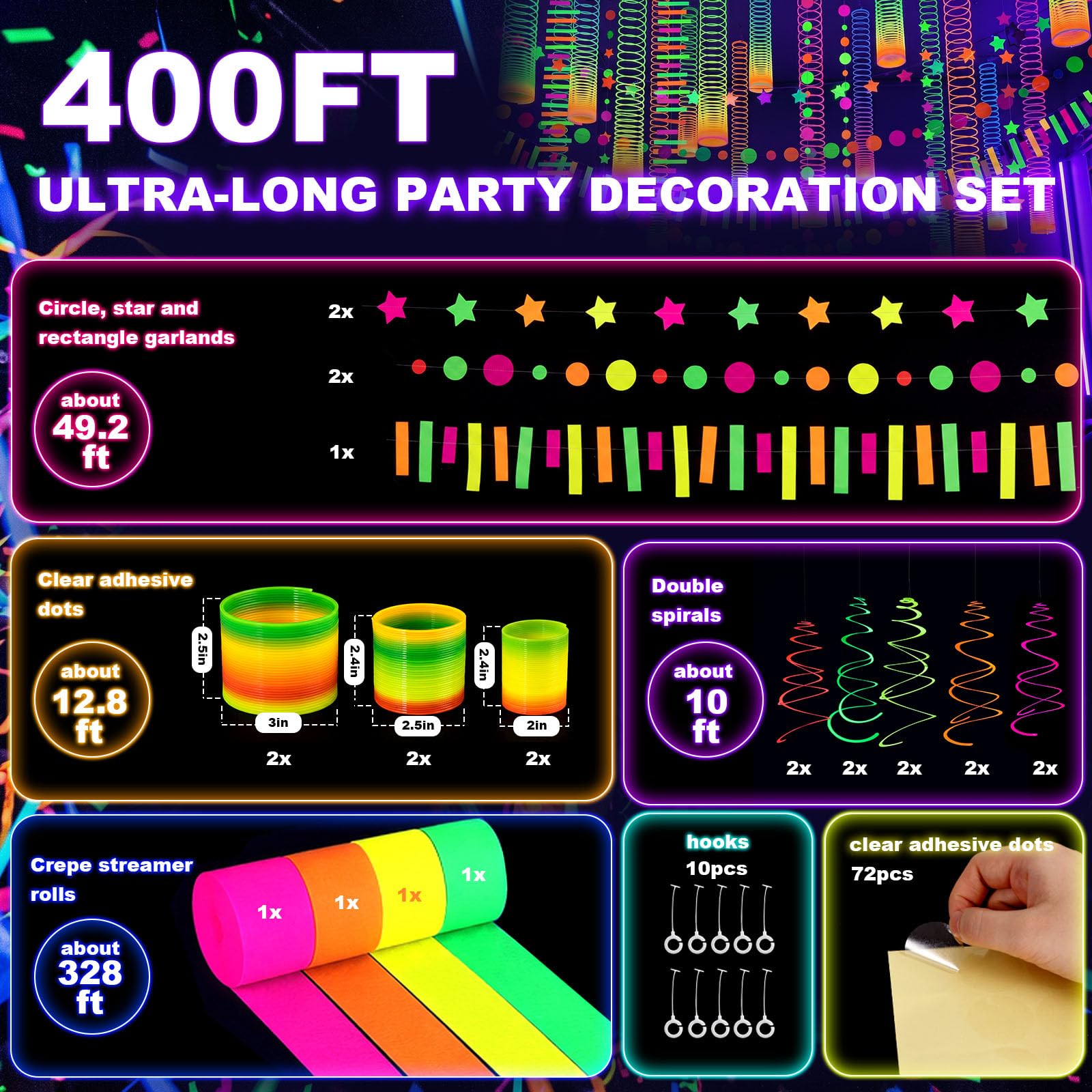 LovesTown 400FT Neon-Themed Party Decorations with 6 Spring Coils