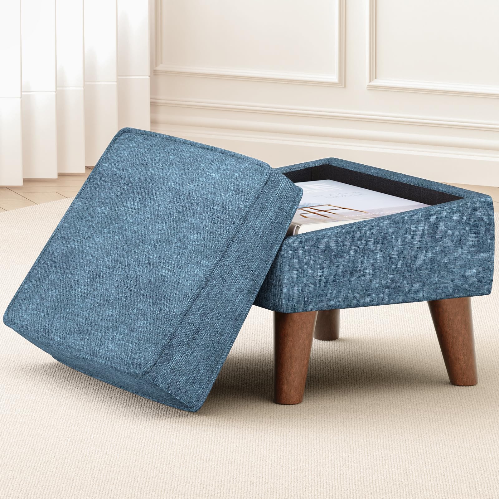 FAGAGA Small Footstool Ottoman with Storage, Ottoman Foot Rest, Modern Foot Stool with Adjustable Lid and Sturdy Wood Legs for Living Room, Bedroom,