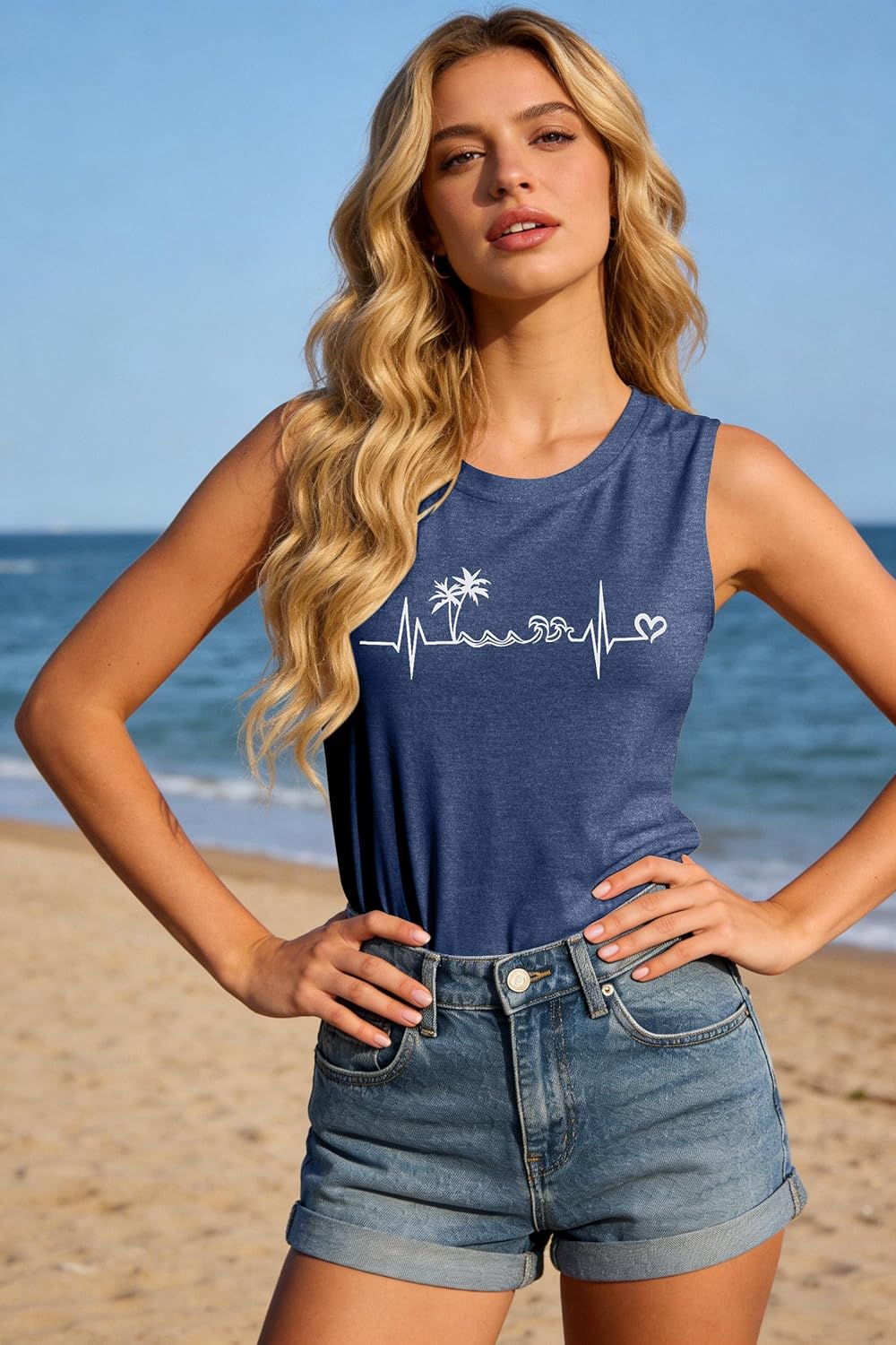 ALLTB Beach Tank Tops Women Beach Waves Sleeveless Shirt Hawaiian Ocean Vest Heartbeat Tank Summer Family Vacation Tanks - Image 2