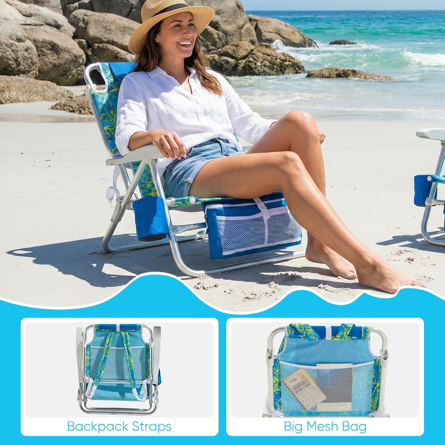 Old Bahama Bay Beach Chairs for Adults, 7-Position Classic Lay Flat Beach Chair Reclining Beach Chair, Portable Aluminum Backpack Beach Chair with Towel Bar & Cooler Bag