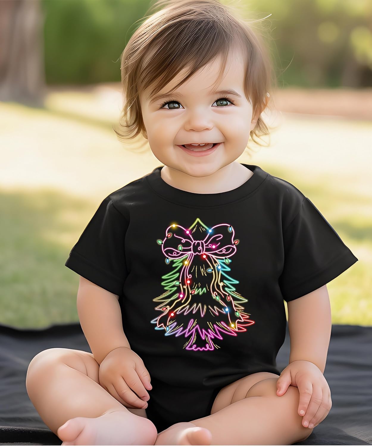 Christmas Tree Retro Neon Short Sleeve Graphic T-Shirt for Women, Youth and Toddler Girls