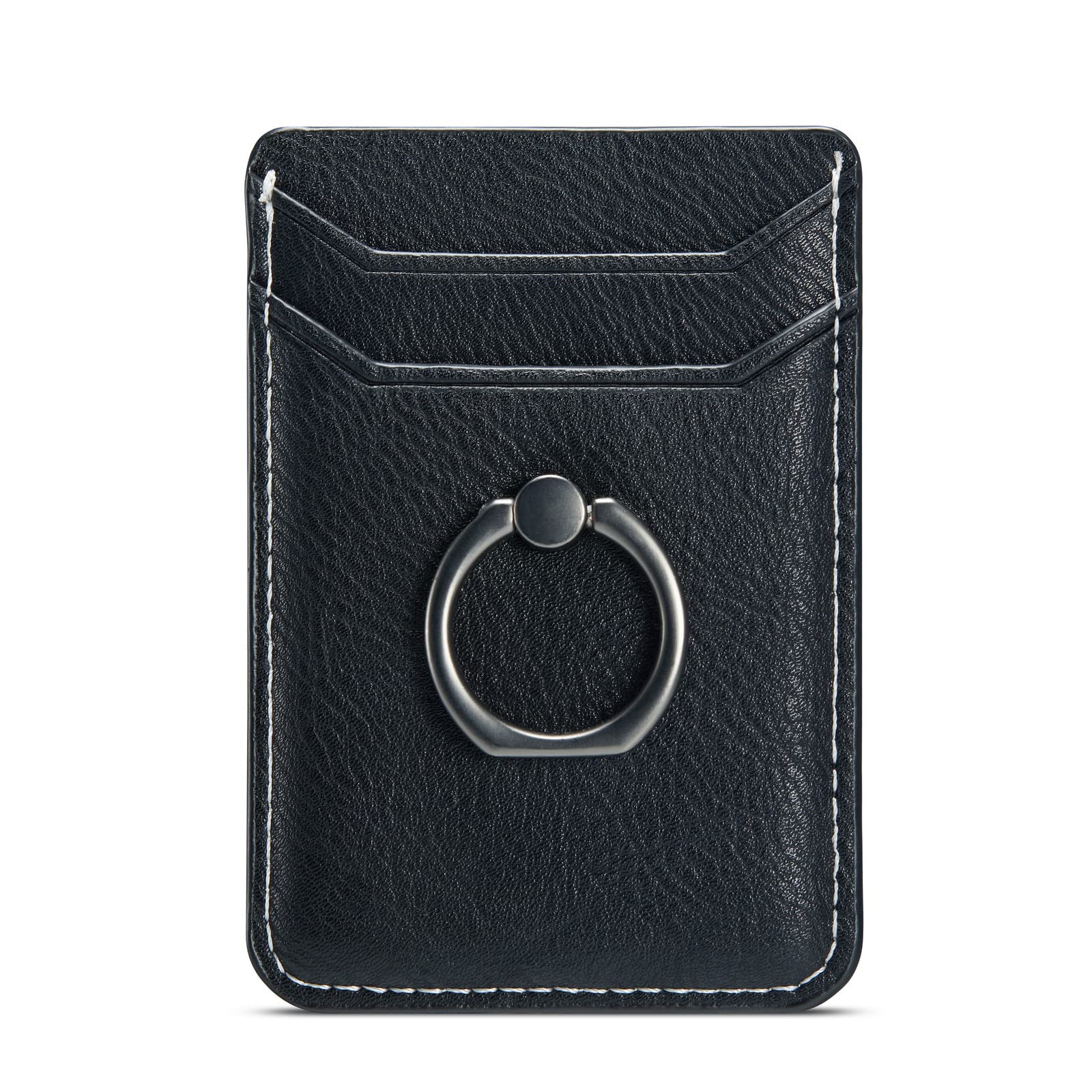 DMaos Card Holder Sleeve with Ring, RFID Credit Wallet Synthetic Leather Stick On Back Grip for iPhone Samsung Smartphone - Black