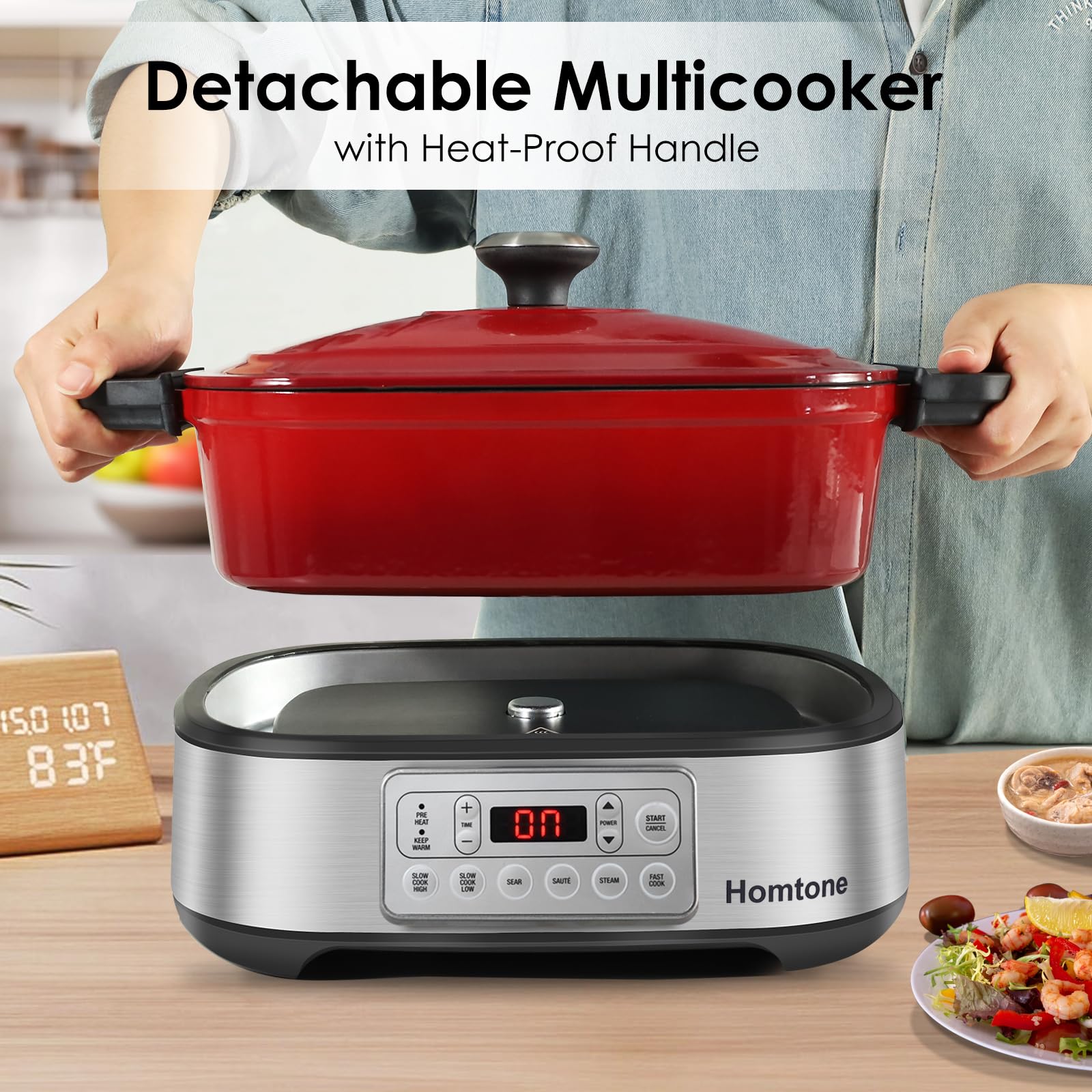 Homtone Schongarer & Multikocher 6-in-1, 5,5L Slow Cooker Programmierbarer Abnehmbarer Emaille-Schmortopf, Keramik-Antihaftbeschichtung, Langsames Garen, Anbraten, Dämpfen mit Dampfgarrost, Rot