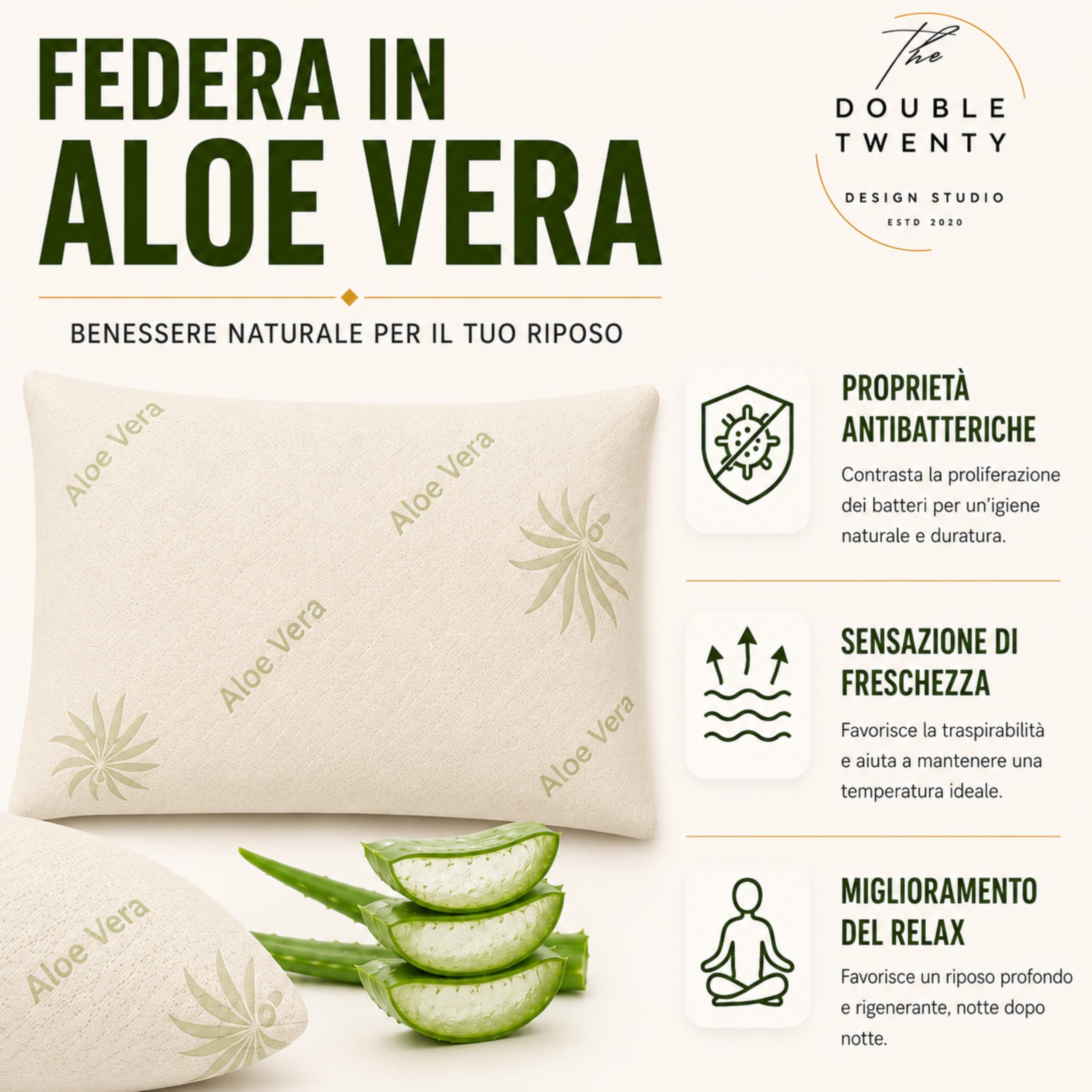 Double Twenty - Almohada cervical viscoelástica, altura 12 cm, 72 x 42 cm – Funda de Aloe Vera transpirable – Ergonómico Masajeador desenfundable antiácaros – Fabricado en Italia