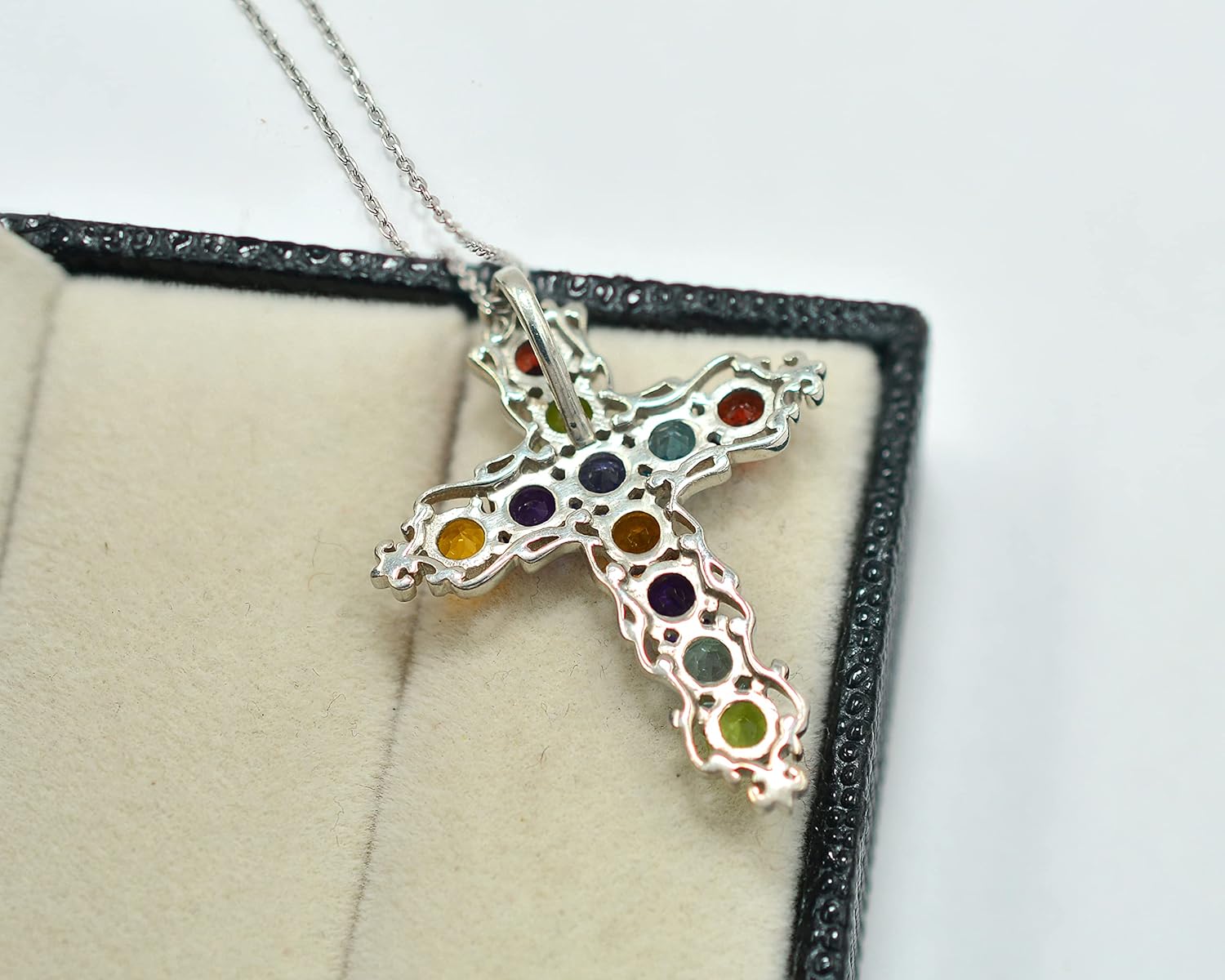 Natural Peridot Garnet Amethyst Multi Gemstone 925 Sterling Silver Holy Cross Pendant Necklace Multi Stone Jewelry Love and Friendship Gift(PD-8330)