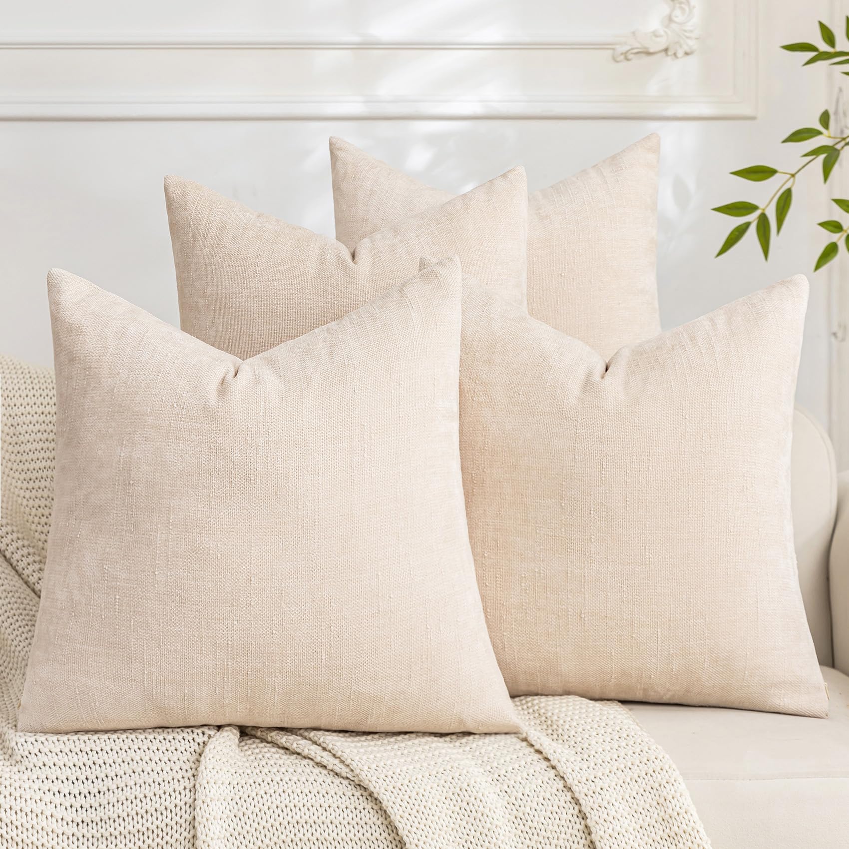 Photo 1 of Cozoomy Set of 4 Soft Textured Decorative Throw Pillow Covers 20x20 Inch Cozy Farmhouse Cushion Cover Square Accent Pillow Cases for Bed Couch Sofa Living Room, Light Beige