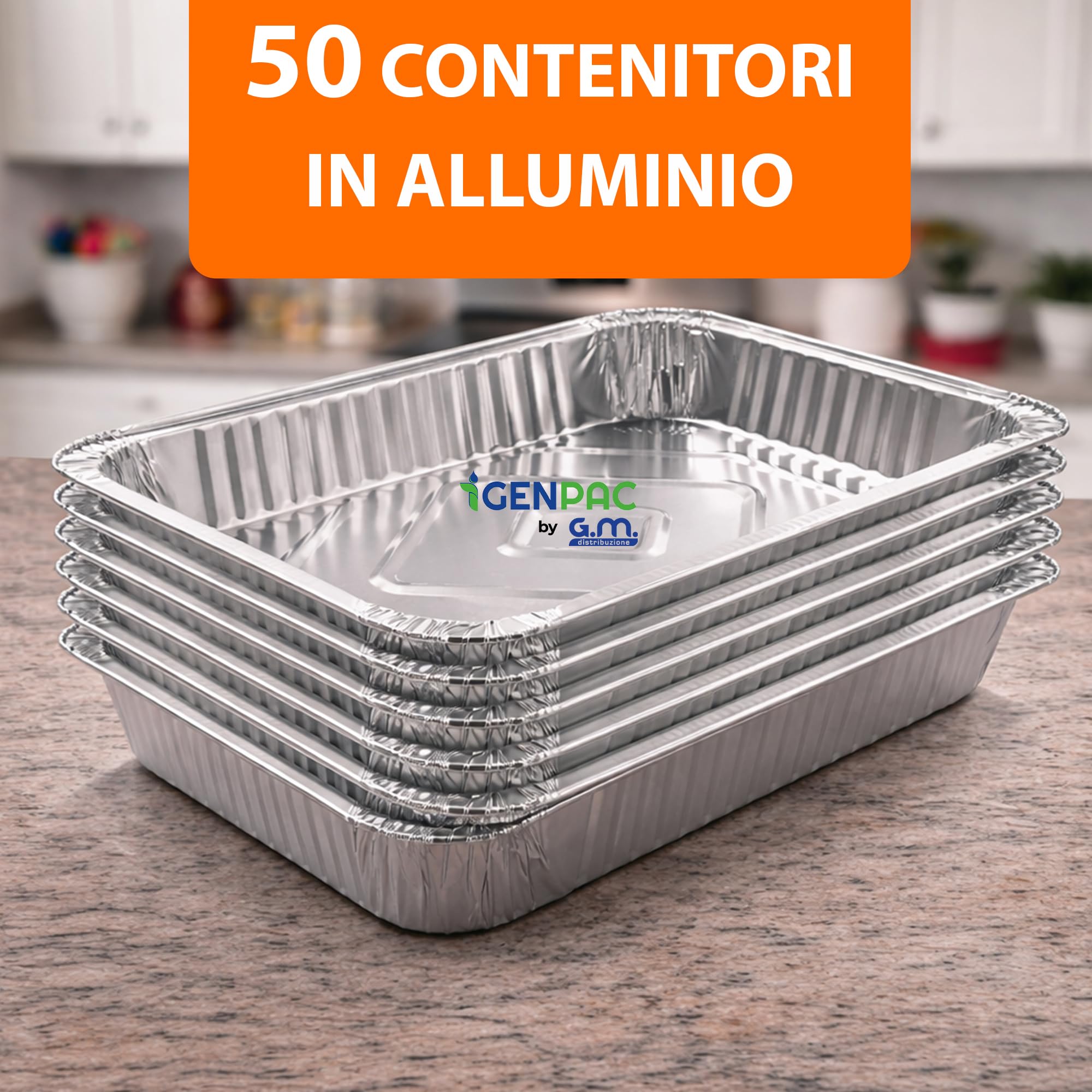 GM – 100 Contenitori in Alluminio 8 Porzioni 2625 cc Senza Coperchio, Vaschette Rettangolari Extra Grandi per Forno e Congelatore, Gastronomia e Catering – 32,2×26,2×4h cm