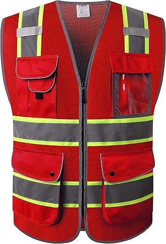 JKSafety Chaleco de seguridad de malla frontal con cremallera de color rojo neón de alta visibilidad de 9 bolsillos con borde extendido amarillo