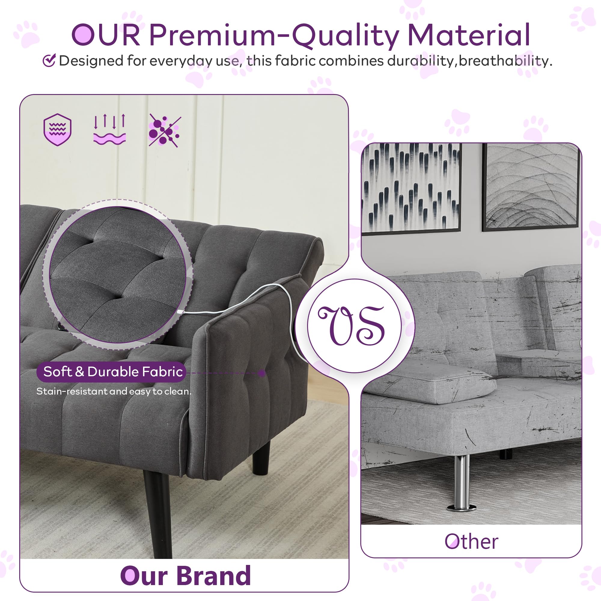 65'' Convertible Futon Sofa Bed with USB, Small Couch for Living Room | Sleeper Sofa, Adjustable Folding Couch with Tufted Design and 2 USB Ports, Bedroom Apartment Office, Dark Grey