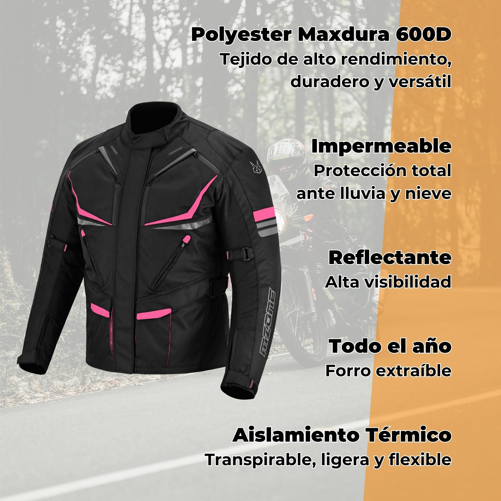 Chaqueta Moto Mujer 4 Estaciones Impermeable y Transpirable con Protecciones Incluídas y Forro Extraíble