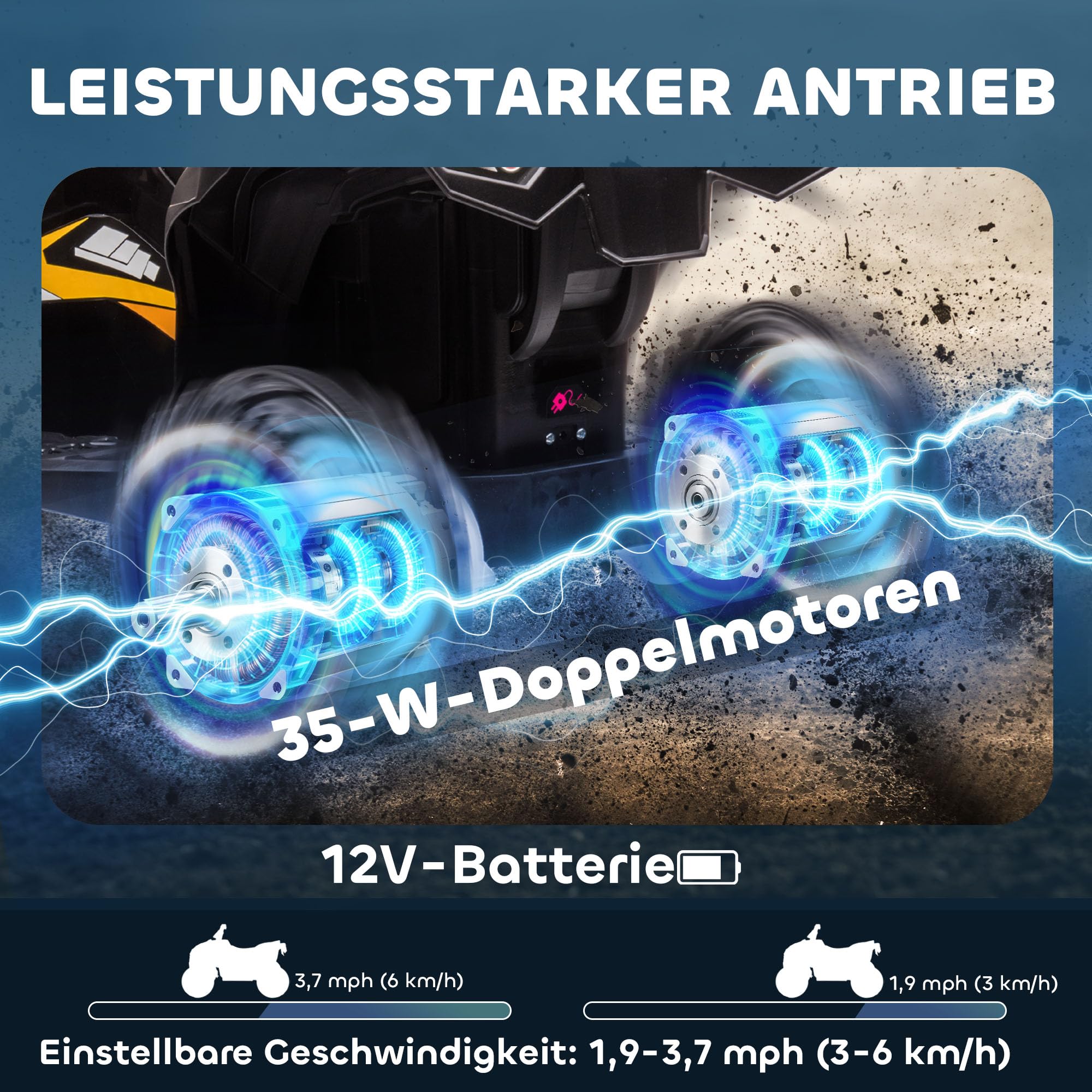 HOMCOM Kinder Quad Elektro 12V Kinderquad mit 35W Motor für 3-5 Jahre Gelb | Vorwärts-, Rückwärtsfunktion, Musik, USB-Anschluss, Hupe, LED-Scheinwerfer, 3-6km/h, Elektro-Quad