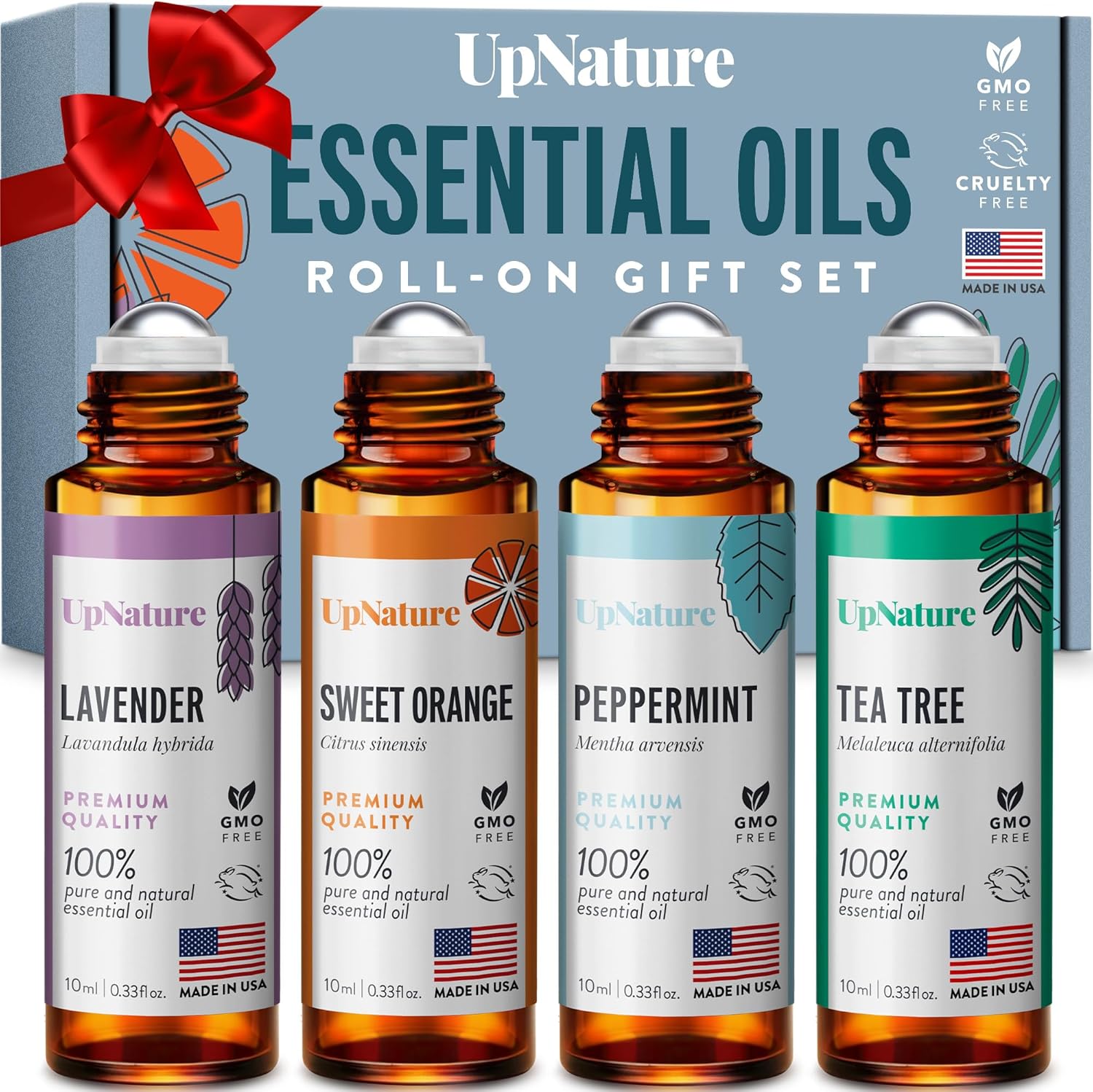 UpNature Top 4 Essential Oil Roll On Gift Set - Peppermint, Lavender, Tea Tree, Sweet Orange -Gift for Mom, Women & Men, Relaxing Gifts for Mom, Women & Men Essential Oil Set, Stocking Stuffer