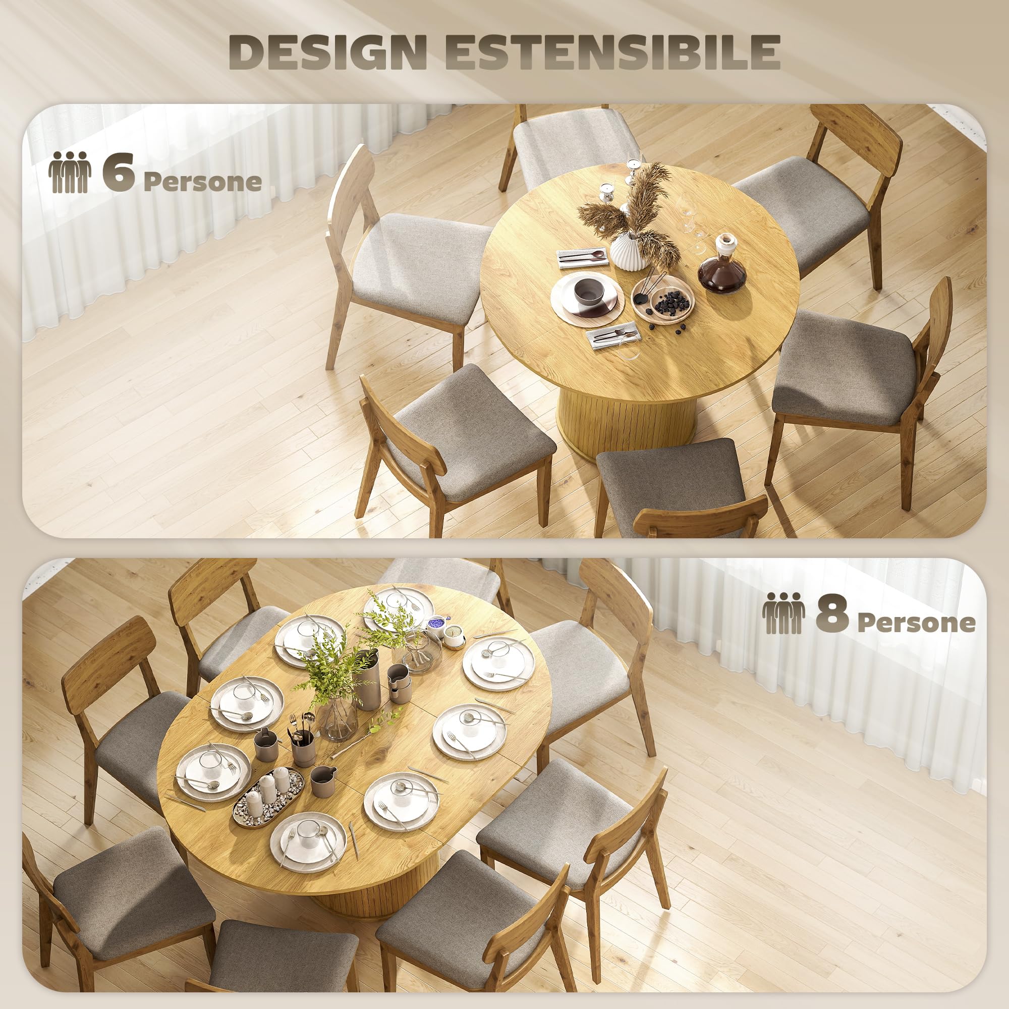 HOMCOM Tavolo da Pranzo Allungabile per 6-8 Persone con Pannelli Rimovibili, 110cm-150cm Tavolo Rotondo Allungabile ad Ovale con Base a Piedistallo, per Sala da Pranzo, Soggiorno, Color Legno